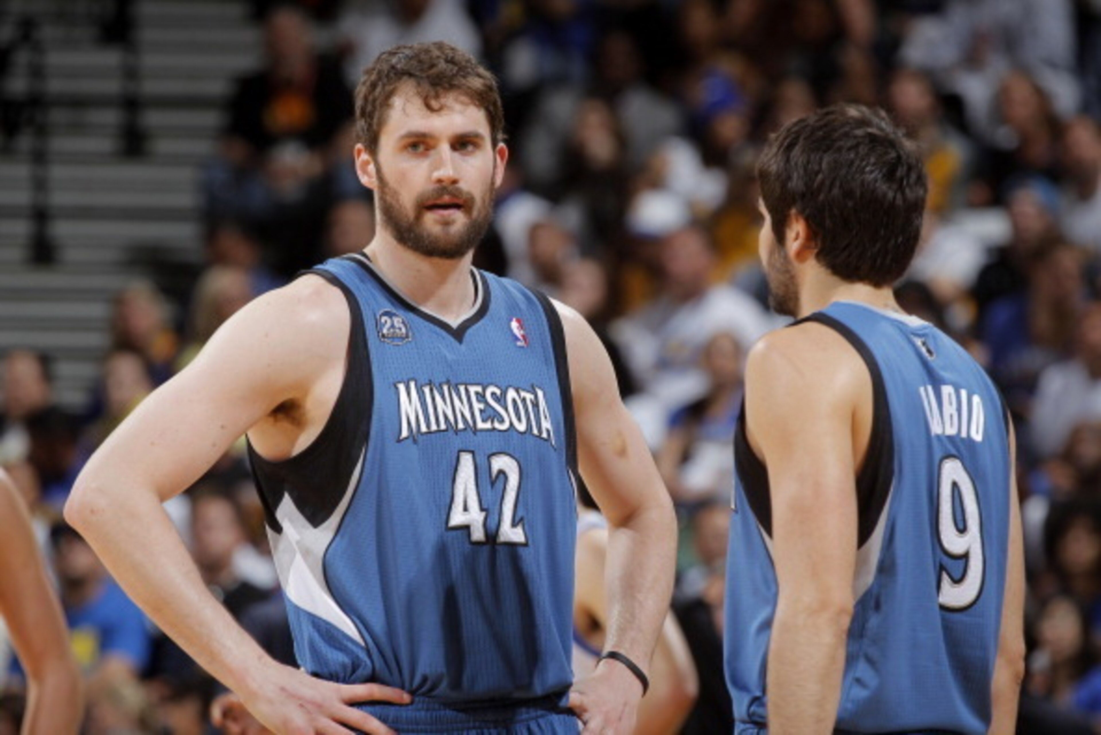 OAKLAND, CA - APRIL 14: Kevin Love #42 of the Minnesota Timberwolves during a game against the Golden State Warriors on April 14, 2014 at Oracle Arena in Oakland, California. NOTE TO USER: User expressly acknowledges and agrees that, by downloading and or OAKLAND, CA - APRIL 14: Kevin Love #42 of the Minnesota Timberwolves during a game against the Golden State Warriors on April 14, 2014 at Oracle Arena in Oakland, California. NOTE TO USER: User expressly acknowledges and agrees that, by downloading and or