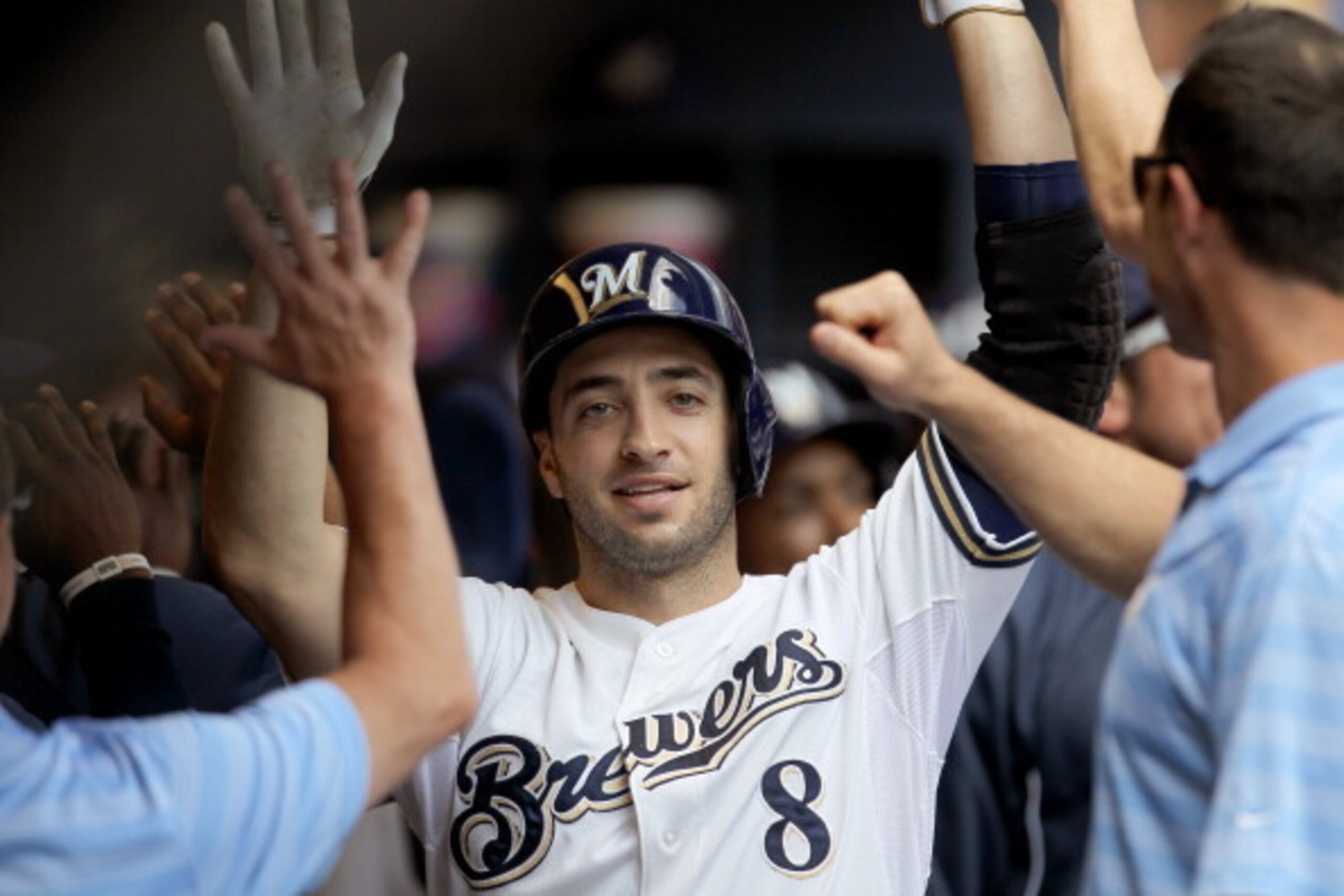 MILWAUKEE, WI - JUNE 01: Ryan Braun #8 of the Milwaukee Brewers celebrates after hitting a two run homer in the bottom of the first inning against the Chicago Cubs at Miller Park on June 01, 2014 in Milwaukee, Wisconsin. (Photo by Mike McGinnis/Getty Imag