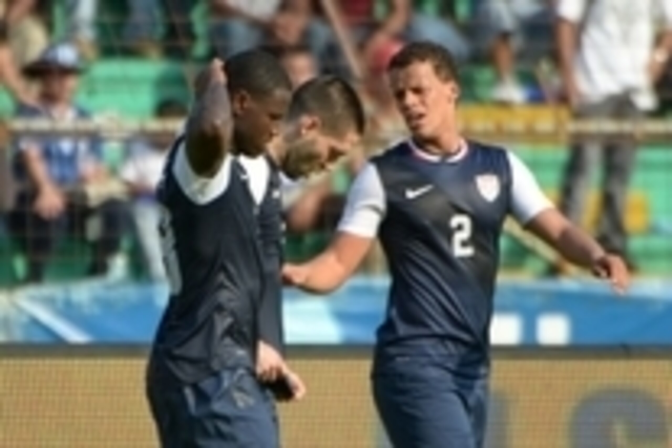 Feb 6, 2013; San Pedro Sula, HONDURAS; USA players  Eddie Johnson (left), Clint Dempsey (center) and Timmy Chandler react in a 2014 FIFA World Cup qualifying match against Honduras at Estadio Olimpico. Honduras defeated the United States 2-1. Mandatory Cr
