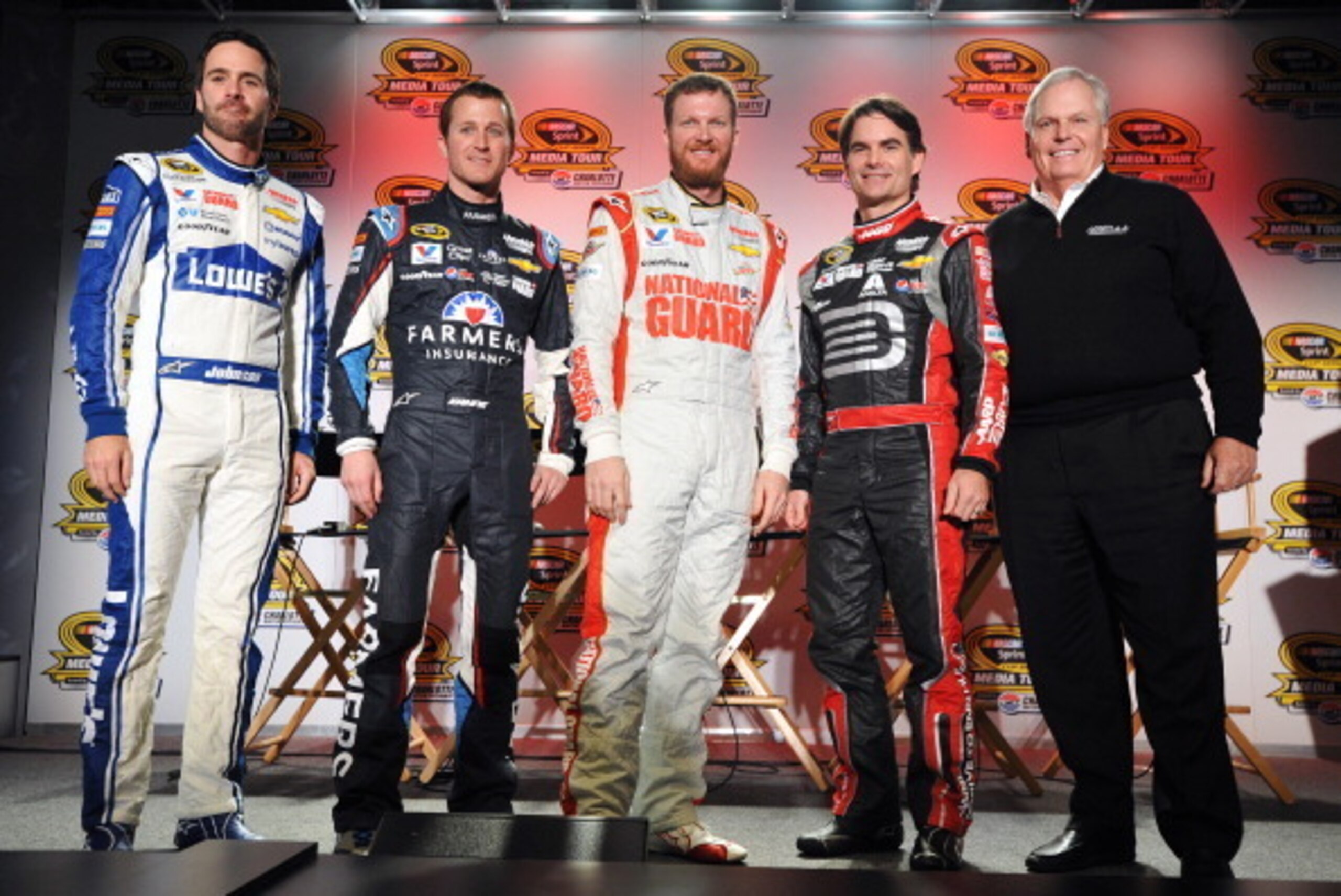 CHARLOTTE, N.C. - JANUARY 28:  (L-R) Jimmie Johnson, driver of the #48 Lowes Chevrolet; Kasey Kahne, driver of the #5 Farmers Insurance Chevrolet; Dale Earnhardt Jr., driver of the #88 National Guard Chevrolet; Jeff Gordon, driver of the #24 Drive to End 
