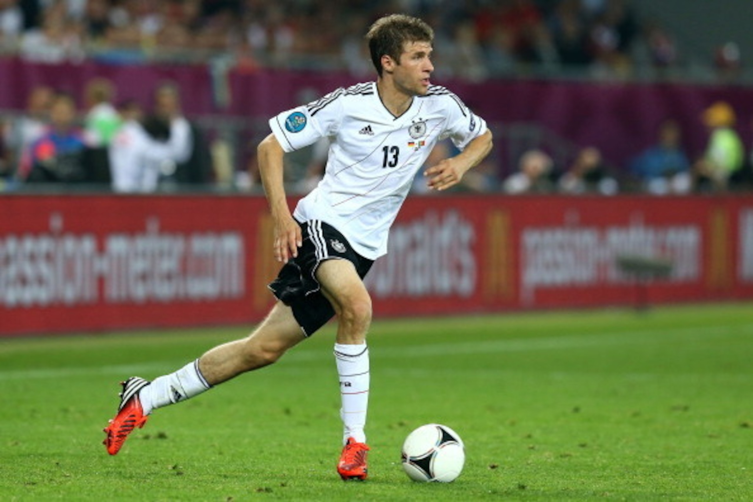 L'VIV, UKRAINE - JUNE 09:  Thomas Muller of Germany in action during the UEFA EURO 2012 group B match between Germany and Portugal at Arena Lviv on June 9, 2012 in L'viv, Ukraine.  (Photo by Martin Rose/Getty Images)