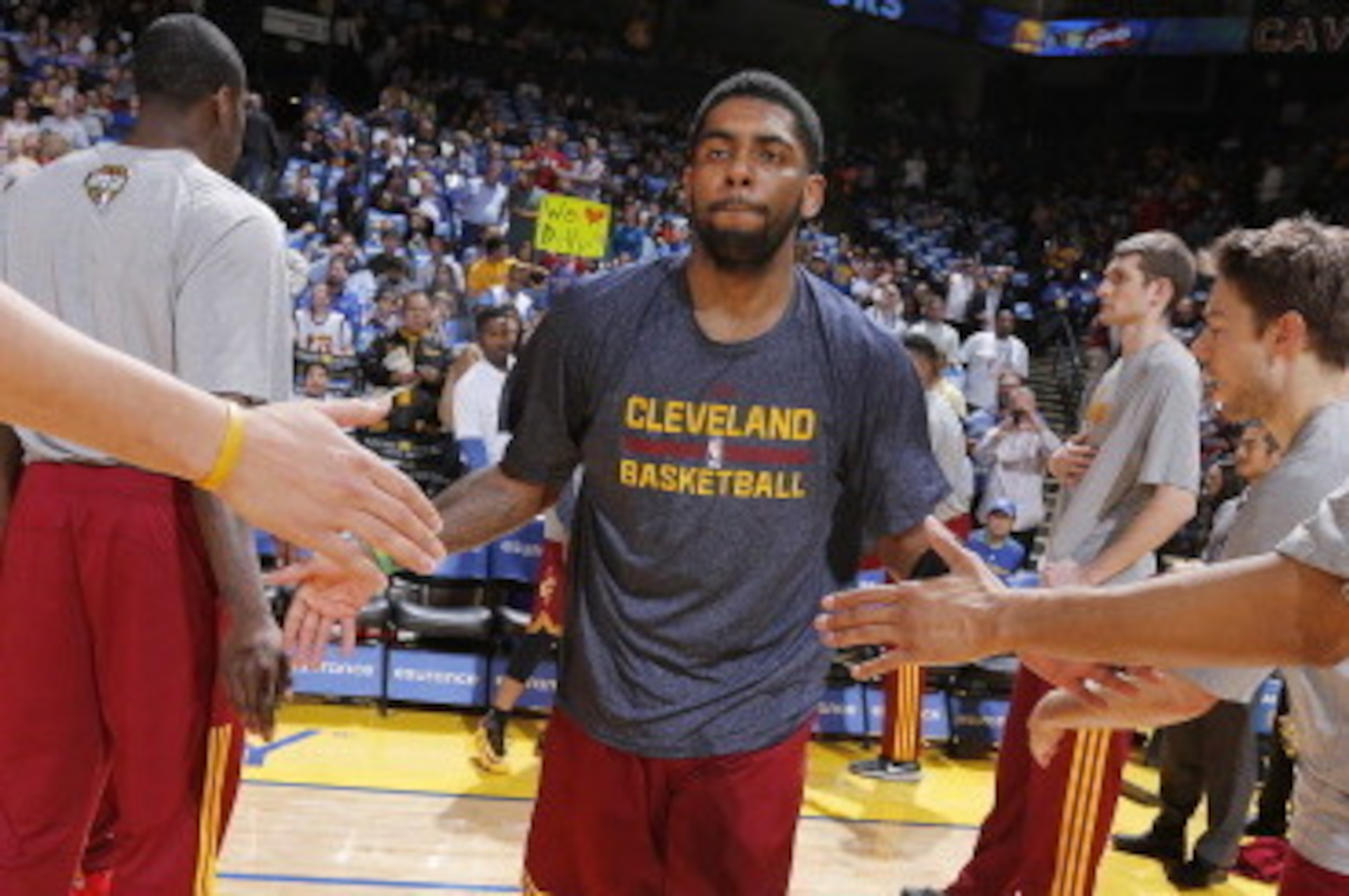 OAKLAND, CA - MARCH 14: Kyrie Irving #2 of the Cleveland Cavaliers gets introduced into the starting lineup against the Golden State Warriors on March 14, 2014 at Oracle Arena in Oakland, California. NOTE TO USER: User expressly acknowledges and agrees th
