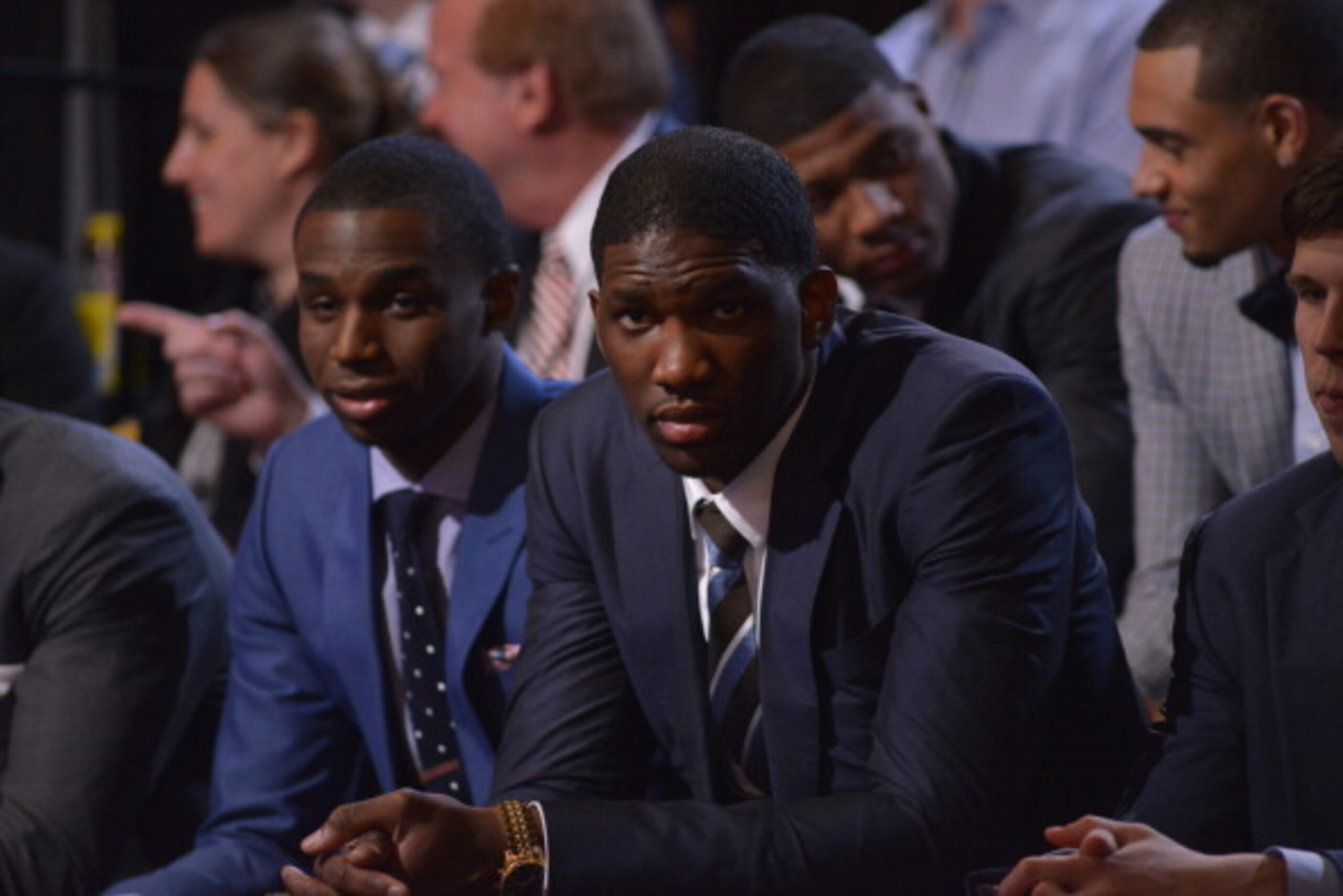 NEW YORK - MAY 20: NBA Draft prospects Andrew Wiggins and Joel Embiid watches the 2014 NBA Draft Lottery on May 20, 2014 at the ABC News' 'Good Morning America' Times Square Studio in New York City.  NOTE TO USER: User expressly acknowledges and agrees th