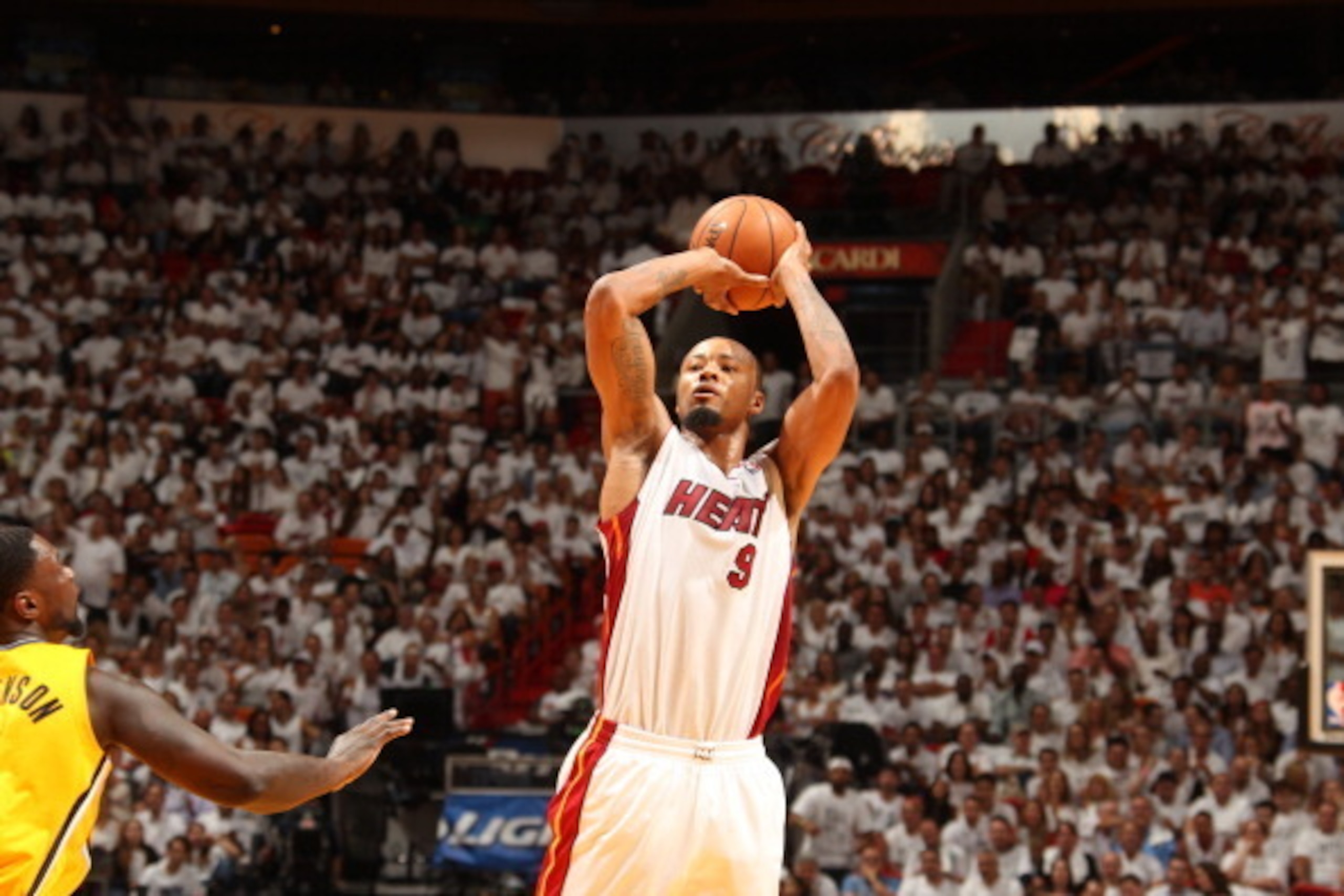 MIAMI, FL - MAY 30: Rashard Lewis #9 of the Miami Heat shoots against the Indiana Pacers in Game Six of the Eastern Conference Finals during the 2014 NBA Playoffs on May 30, 2014 in Miami, Fl. NOTE TO USER: User expressly acknowledges and agrees that, by 