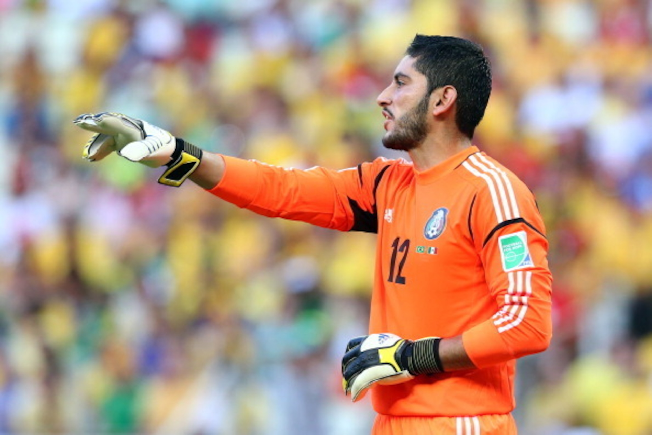 FORTALEZA, BRAZIL - JUNE 19: Jose de Jesus Corona of Mexico gestures during the FIFA Confederations Cup Brazil 2013 Group A match between Brazil and Mexico at Castelao on June 19, 2013 in Fortaleza, Brazil.  (Photo by Robert Cianflone/Getty Images)