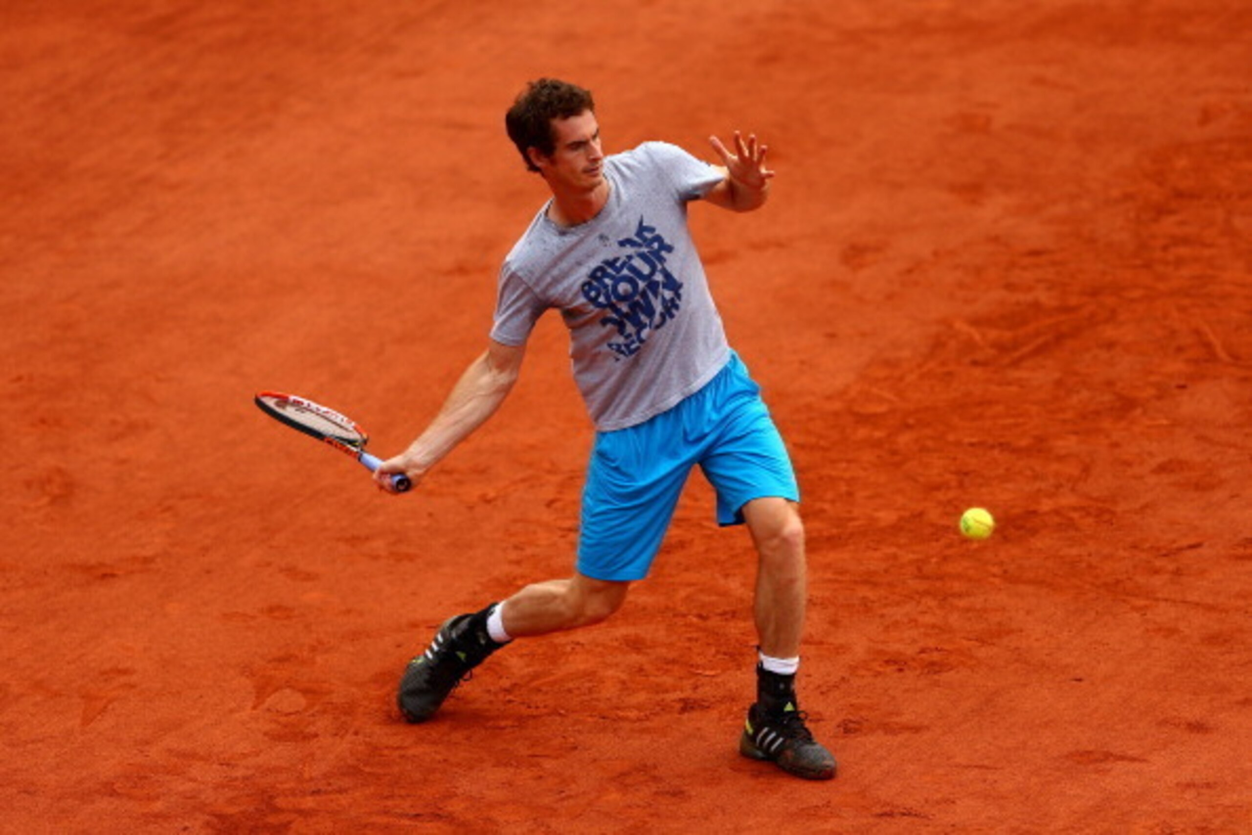PARIS, FRANCE - JUNE 03:  Andy Murray of Great Britain trains during a practice session on day ten of the French Open at Roland Garros on June 3, 2014 in Paris, France.  (Photo by Dan Istitene/Getty Images)