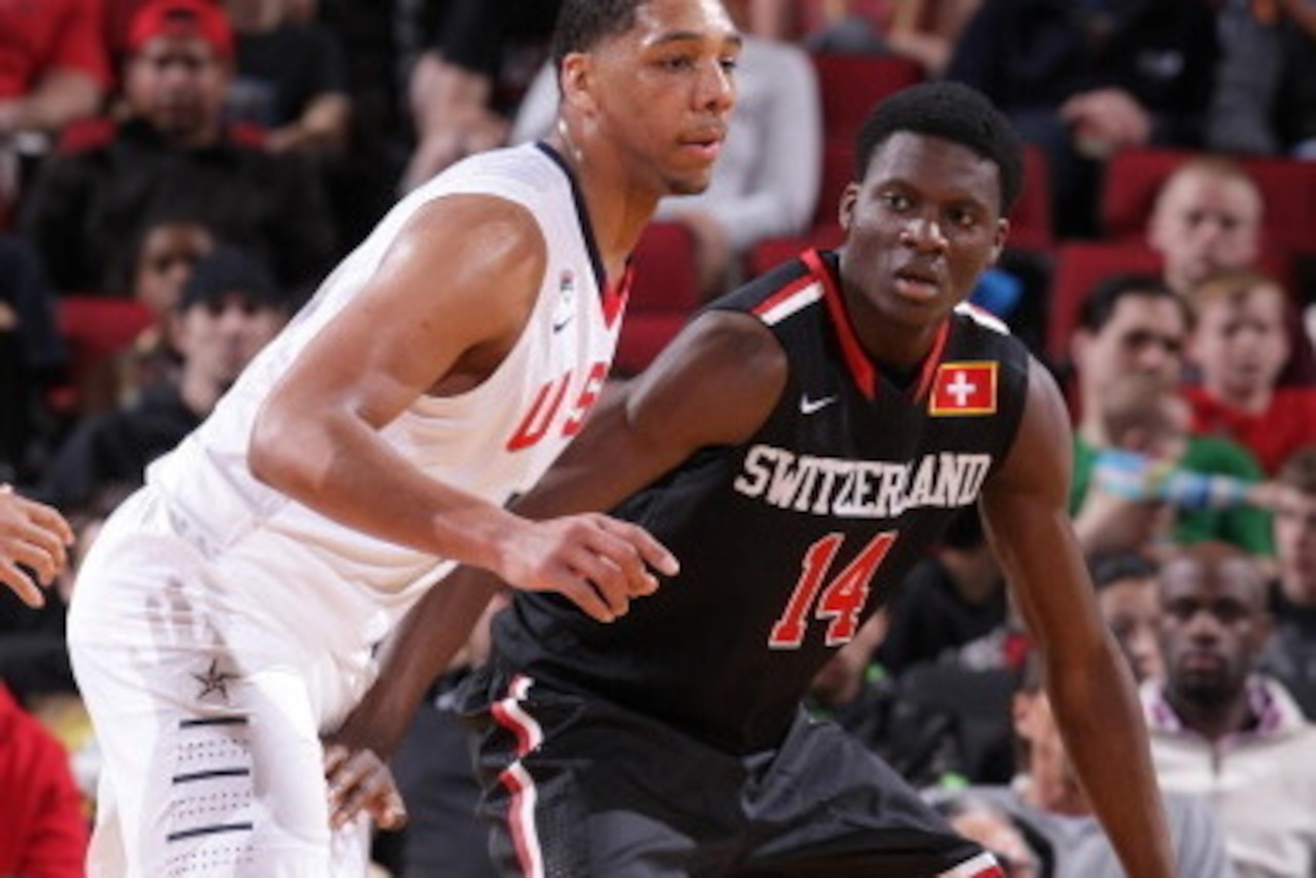 PORTLAND, OR - APRIL 12:  Clint Capela #14 of the World Team boxes out against Team USA on April 12, 2014 at the Moda Center Arena in Portland, Oregon. NOTE TO USER: User expressly acknowledges and agrees that, by downloading and or using this photograph,