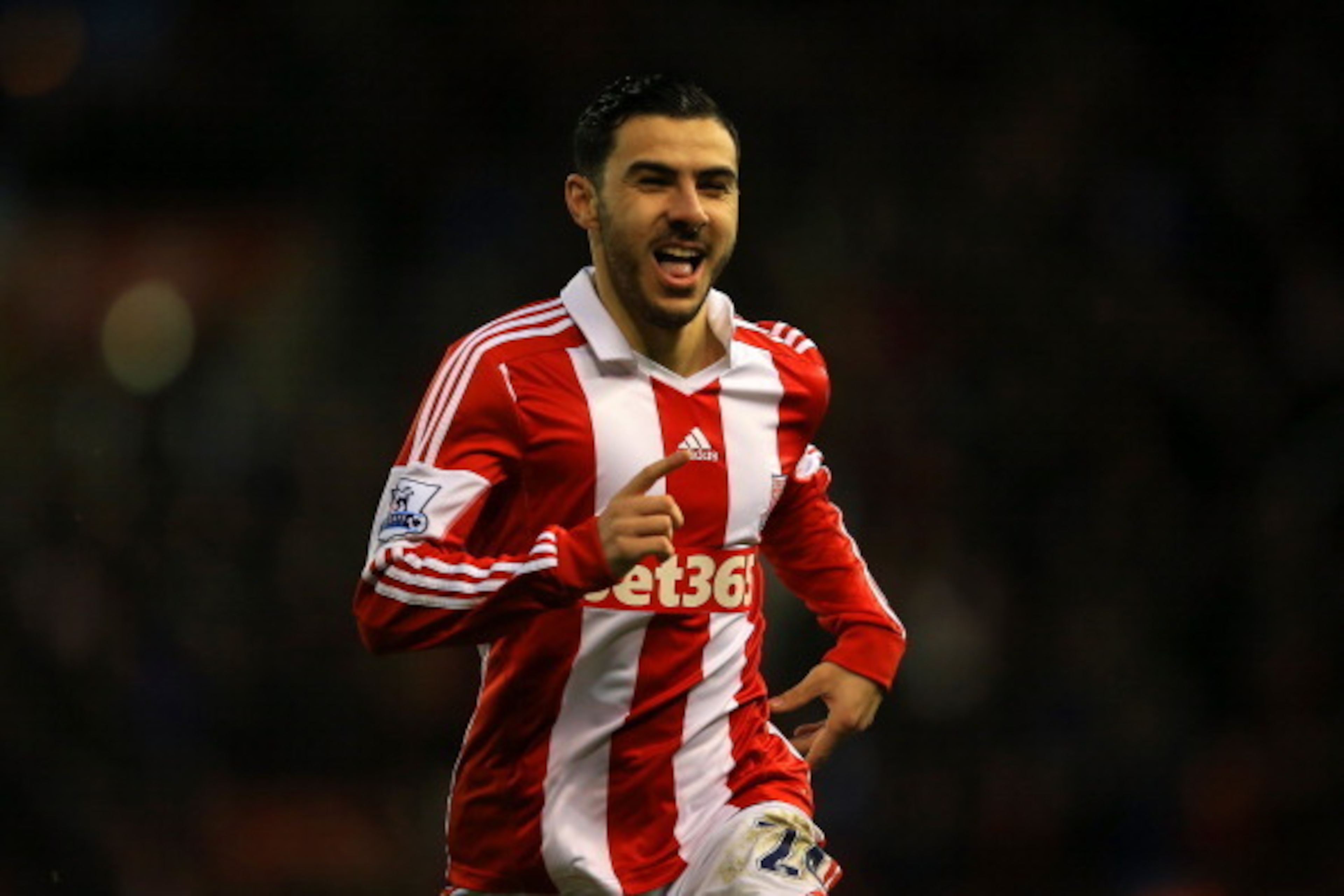 STOKE ON TRENT, ENGLAND - JANUARY 01:  Oussama Assaidi of Stoke City celebrates scoring the opening goal during the Barclays Premier League match between Stoke City and Everton at Britannia Stadium on January 1, 2014 in Stoke on Trent, England.  (Photo by