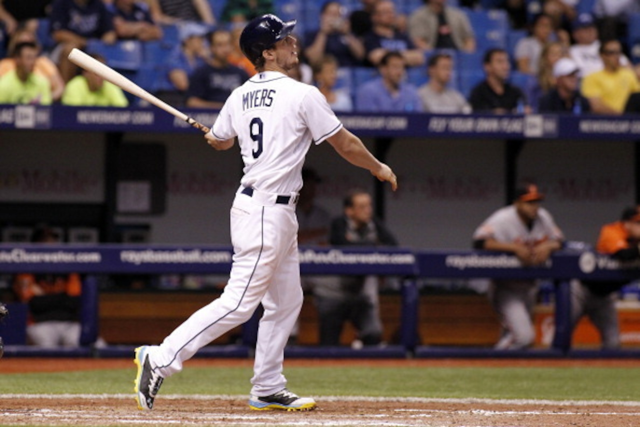 ST. PETERSBURG, FL - MAY 7:  Wil Myers #9 of the Tampa Bay Rays doubles during the ninth inning of a game against the Baltimore Orioles on May 7, 2014 at Tropicana Field in St. Petersburg, Florida.  (Photo by Brian Blanco/Getty Images)
