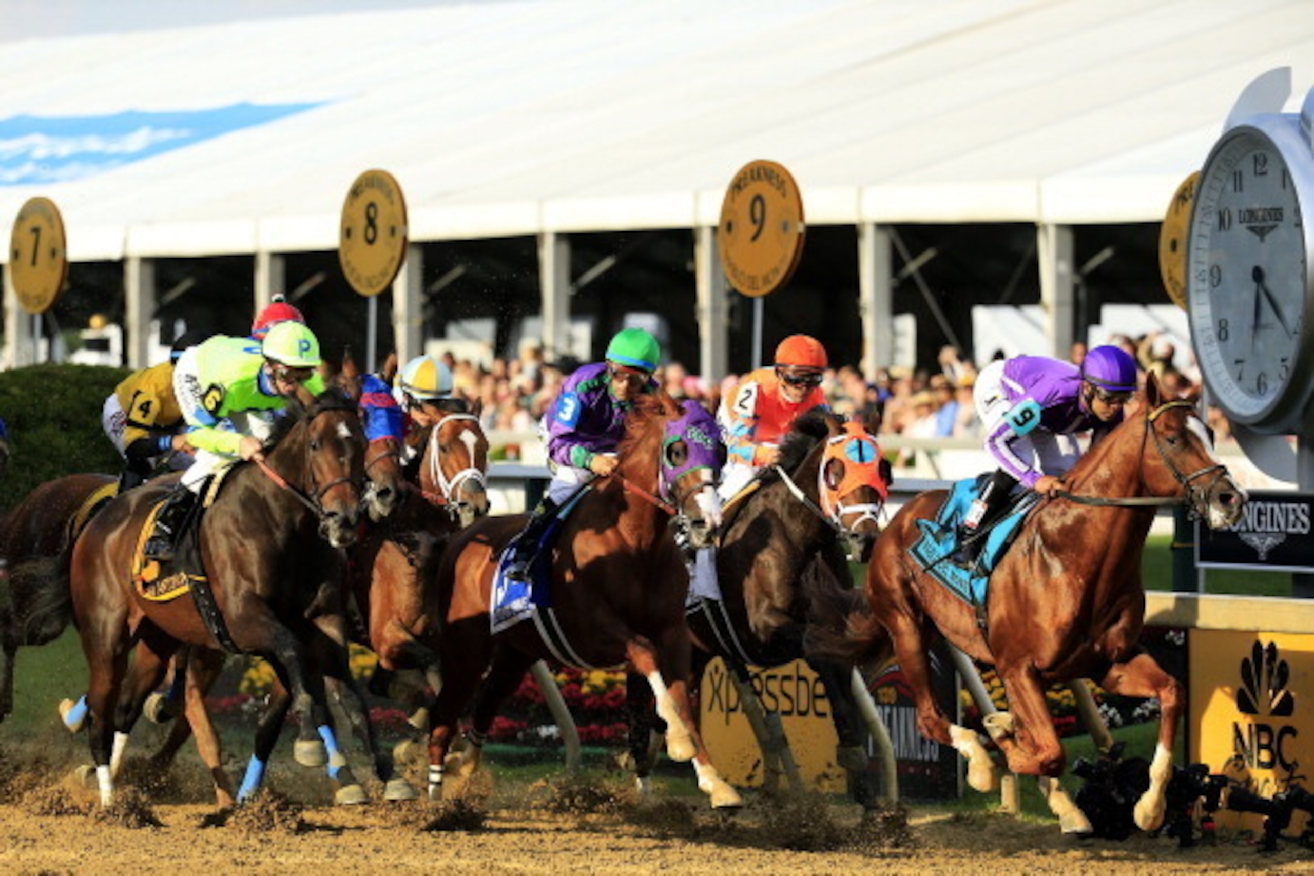 BALTIMORE, MD - MAY 17:  California Chrome #3, ridden by Victor Espinoza, races with the field during the 139th running of the Preakness Stakes at Pimlico Race Course on May 17, 2014 in Baltimore, Maryland.  (Photo by Patrick Smith/Getty Images)