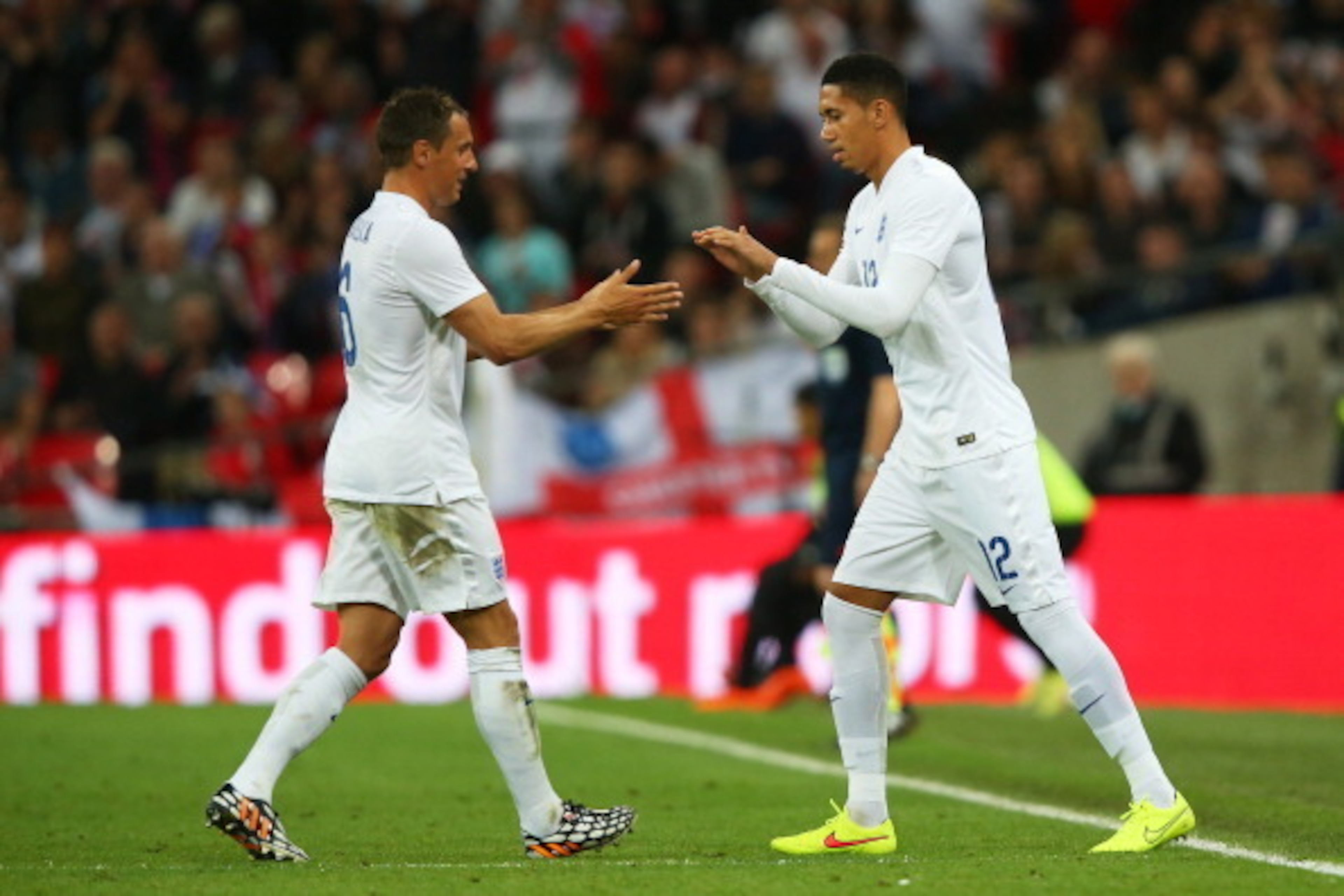 LONDON, ENGLAND - MAY 30:  Chris Smalling of England replaces Phil Jagielka of England during the international friendly match between England and Peru at Wembley Stadium on May 30, 2014 in London, England.  (Photo by Clive Rose/Getty Images)