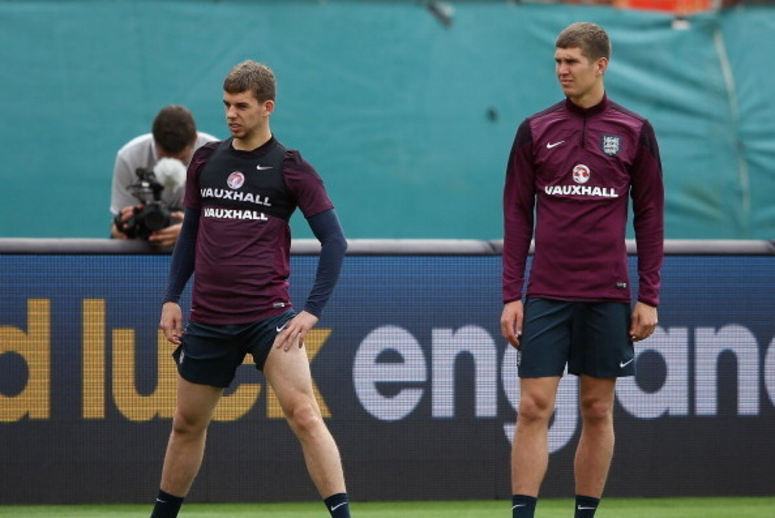 MIAMI, FL - JUNE 03:  Jon Flanagan and John Stones in action during an England training session at The Sunlife Stadium on June 3, 2014 in Miami, Florida. England are in Florida for warm up matches ahead of the FIFA World Cup Brazil 2014  (Photo by Richard