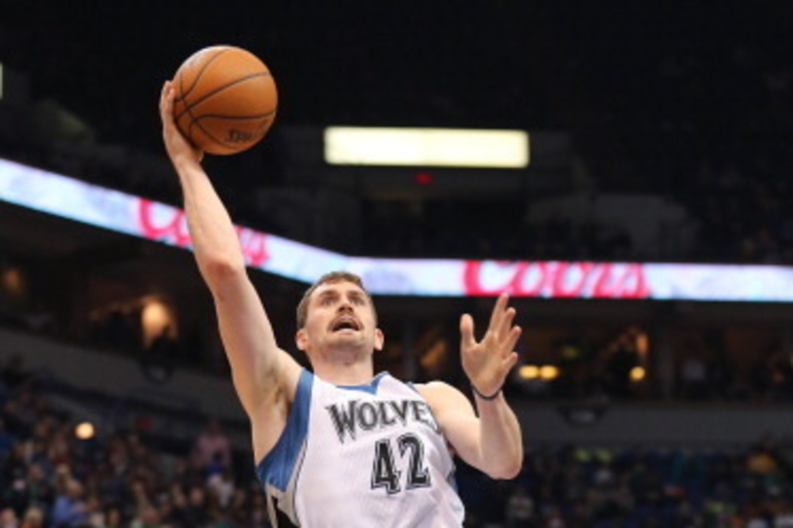 MINNEAPOLIS, MN - April 16: Kevin Love #42 of the Minnesota Timberwolves drives to the basket against the Utah Jazz on April 16, 2014 at Target Center in Minneapolis, Minnesota. NOTE TO USER: User expressly acknowledges and agrees that, by downloading an MINNEAPOLIS, MN - April 16: Kevin Love #42 of the Minnesota Timberwolves drives to the basket against the Utah Jazz on April 16, 2014 at Target Center in Minneapolis, Minnesota. NOTE TO USER: User expressly acknowledges and agrees that, by downloading an