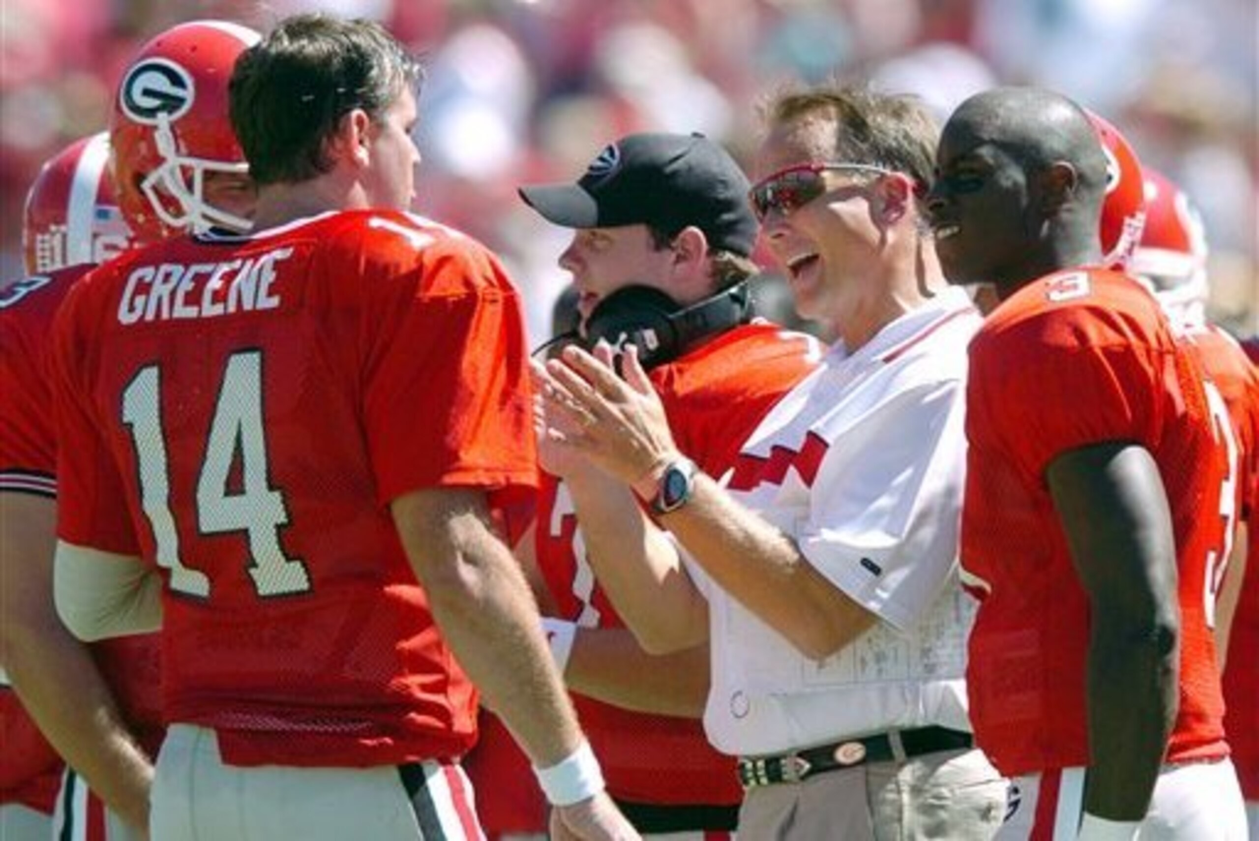 Former Georgia QB David Greene (left), head coach Mark Richt (center) and former QB D.J. Shockley (right)