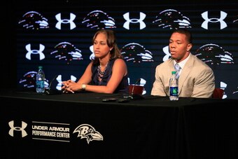 OWINGS MILLS, MD - MAY 23:  Running back Ray Rice of the Baltimore Ravens addresses a news conference with his wife Janay at the Ravens training center on May 23, 2014 in Owings Mills, Maryland. Rice spoke publicly for the first time since facing felony a