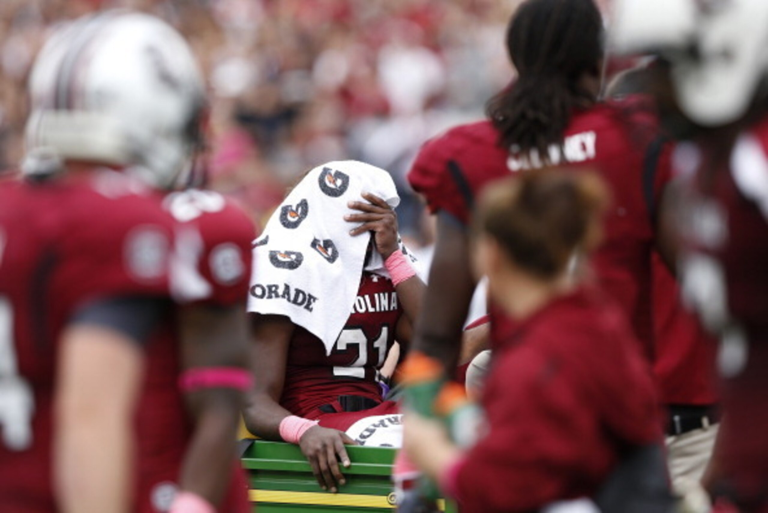 COLUMBIA, SC - OCTOBER 27: Marcus Lattimore #21 of the South Carolina Gamecocks covers his head after injuring his knee against the Tennessee Volunteers during the game at Williams-Brice Stadium on October 27, 2012 in Columbia, South Carolina. (Photo by J