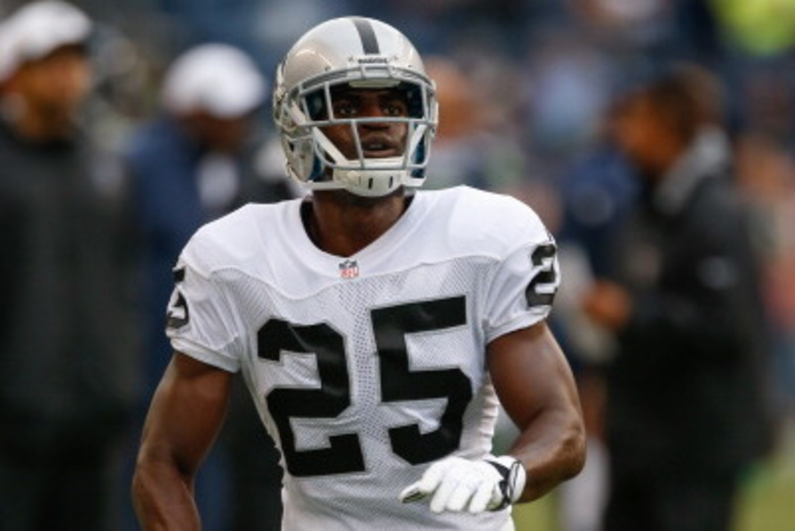 SEATTLE, WA - AUGUST 29: Cornerback DJ Hayden #25 of the Oakland Raiders warms up prior to the game against the Seattle Seahawks at CenturyLink Field on August 29, 2013 in Seattle, Washington. (Photo by Otto Greule Jr/Getty Images)
