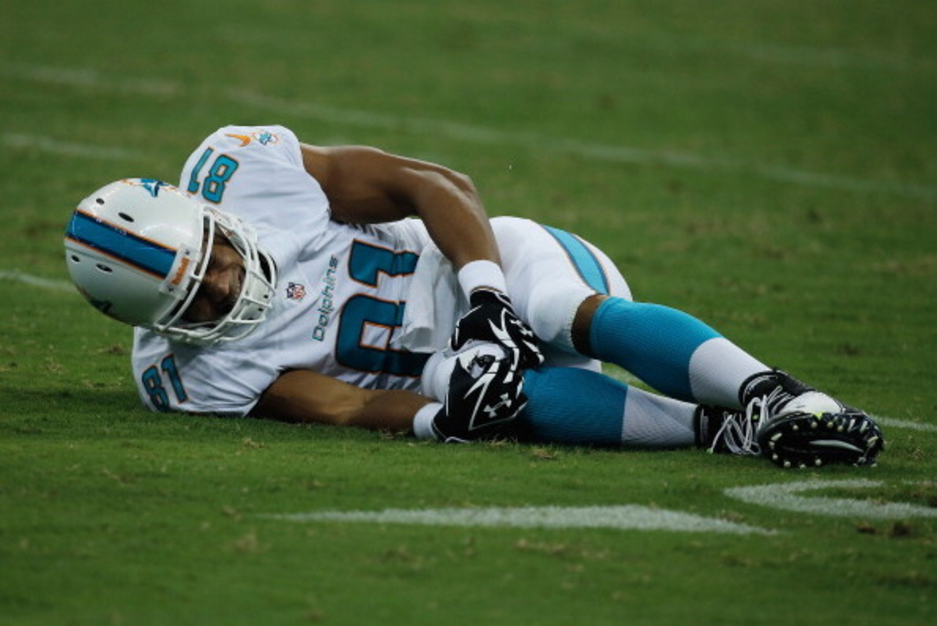 HOUSTON, TX - AUGUST 17:  Dustin Keller#81 of the Miami Dolphins sits on the f1eld after a rough tackle in the first half against the Houston Texans during a preseaon game at Reliant Stadium on August 17, 2013 in Houston, Texas.  (Photo by Scott Halleran/