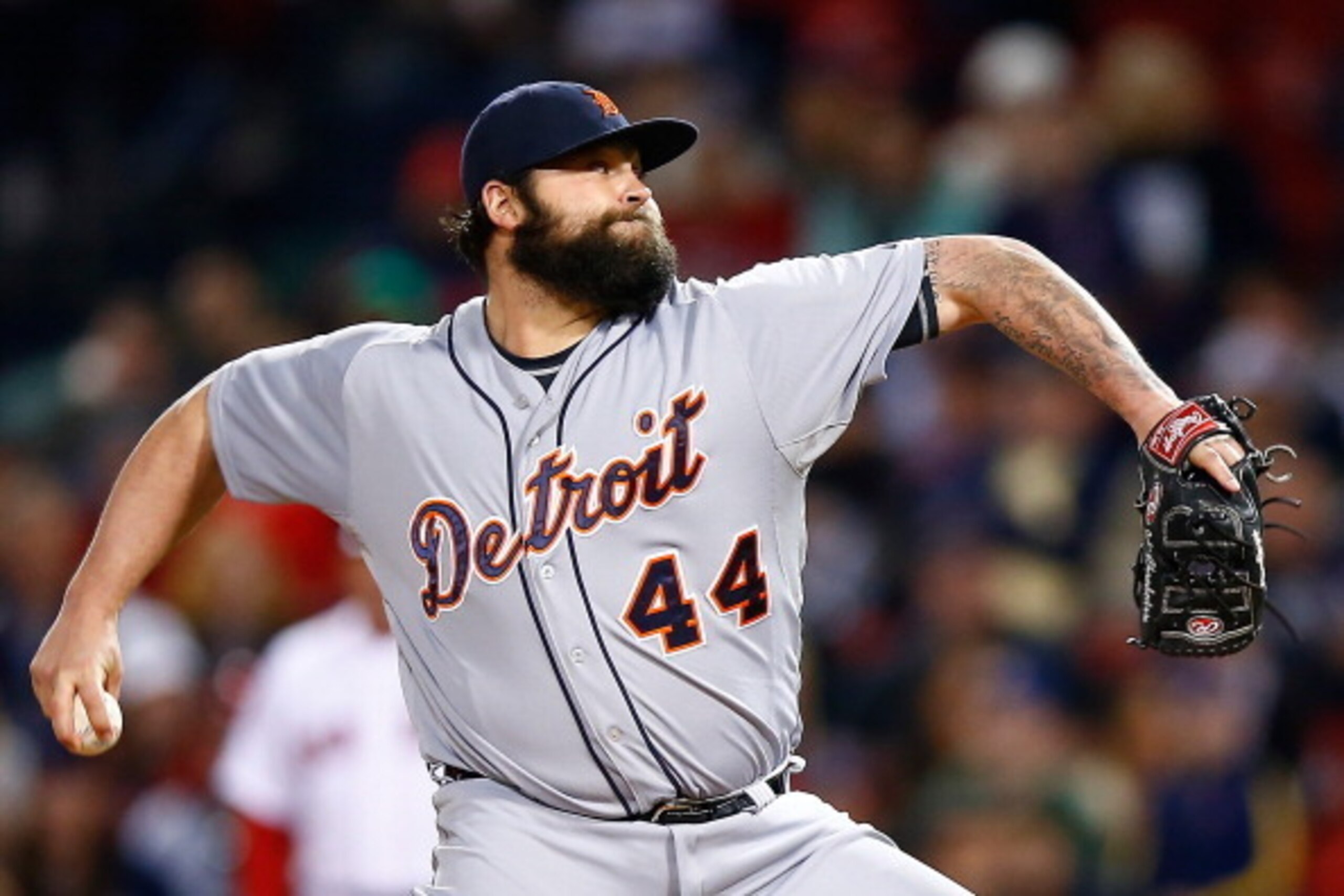 BOSTON, MA - MAY 18: Joba Chamberlain #44 of the Detroit Tigers pitches against the Boston Red Sox during the game at Fenway Park on May 18, 2014 in Boston, Massachusetts.  (Photo by Jared Wickerham/Getty Images)