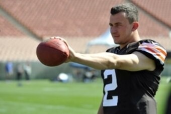 May 31, 2014; Los Angeles, CA, USA; Cleveland Browns quarterback Johnny Manziel during photoshoot at the 2014 NFLPA Rookie Premiere at the Los Angeles Memorial Coliseum. Mandatory Credit: Gary A. Vasquez-USA TODAY Sports