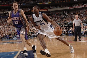 DALLAS - MAY 26:   Adrian Griffin #44 of the Dallas Mavericks drives to the hoop against Steve Nash #13 of the Phoenix Suns in game two of the Western Conference Finals during the 2006 NBA Playoffs at American Airlines Center on May 26, 2006 in Dallas, Te
