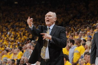 OAKLAND, CA - MAY 2: Head Coach George Karl of the Denver Nuggets instructs his players against the Golden State Warriors in Game Six of the Western Conference Quarterfinals during the 2013 NBA Playoffs on May 2, 2013 at Oracle Arena in Oakland, Californi