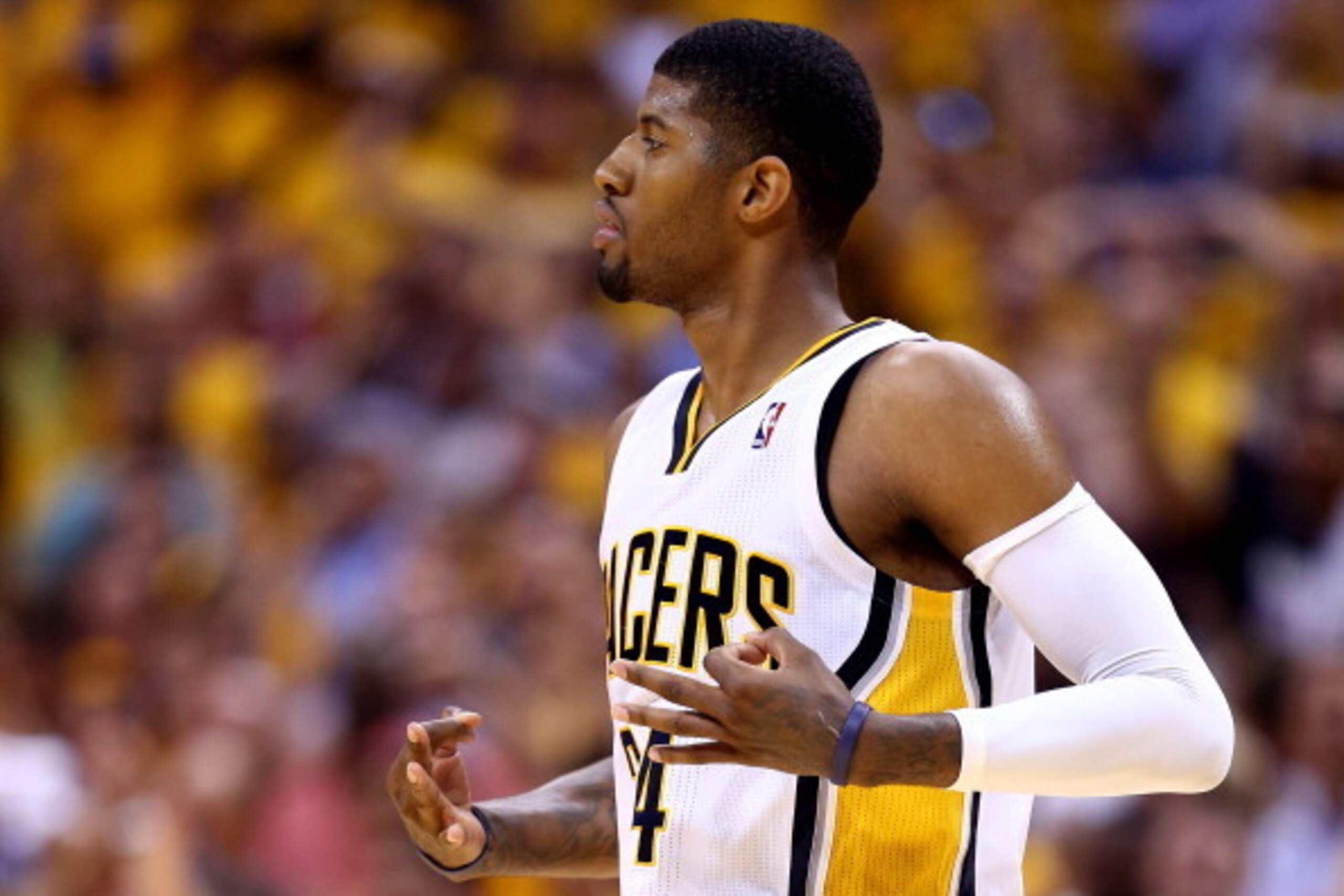 INDIANAPOLIS, IN - MAY 28:  Paul George #24 of the Indiana Pacers reacts against the Miami Heat during Game Five of the Eastern Conference Finals of the 2014 NBA Playoffs at Bankers Life Fieldhouse on May 28, 2014 in Indianapolis, Indiana. NOTE TO USER: U