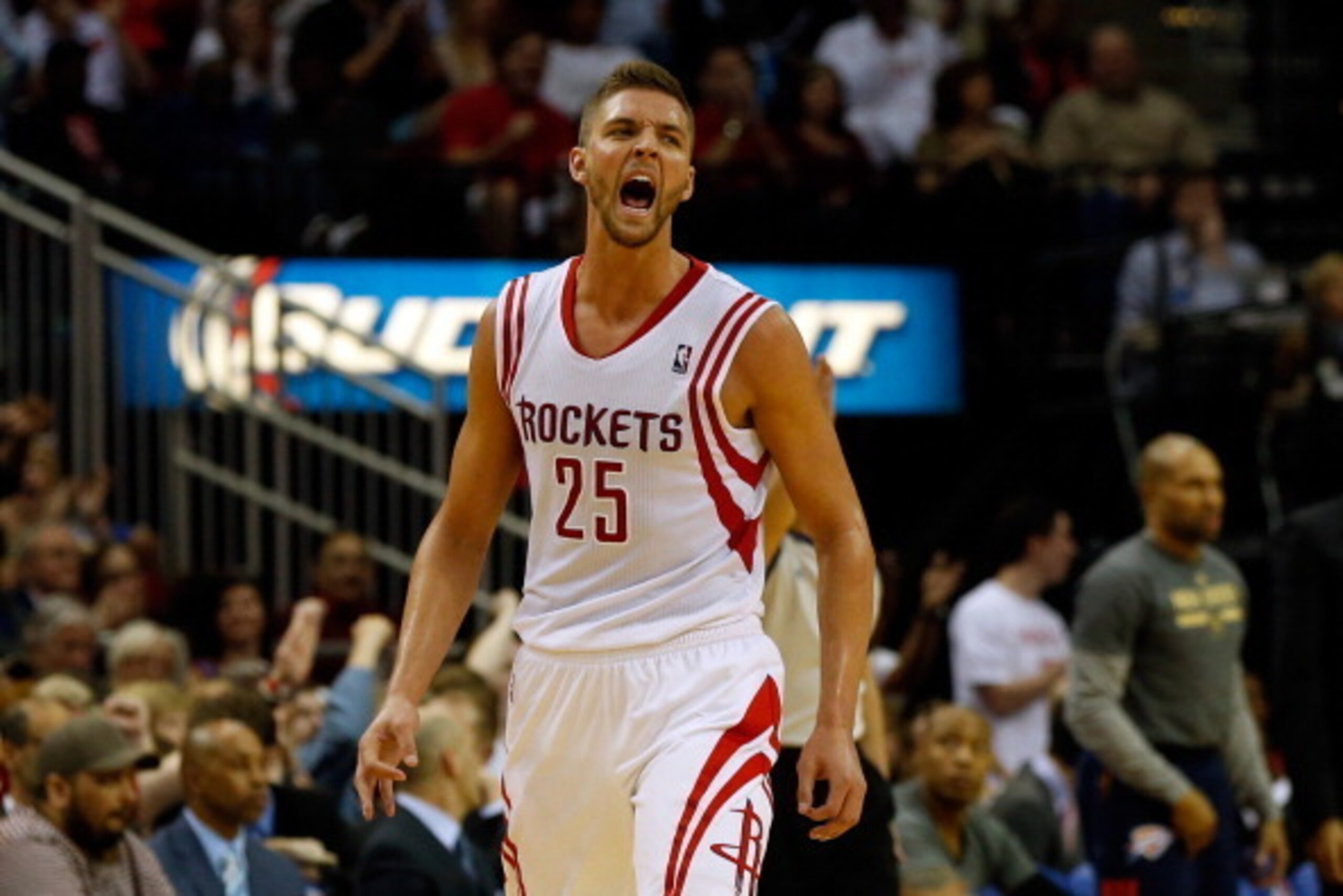 HOUSTON, TX - APRIL 04: Chandler Parsons #25 of the Houston Rockets reacts after hitting a three pointer in the third period against the Oklahoma City Thunder during a game at the Toyota Center on April 4, 2014 in Houston, Texas. NOTE TO USER: User expre HOUSTON, TX - APRIL 04: Chandler Parsons #25 of the Houston Rockets reacts after hitting a three pointer in the third period against the Oklahoma City Thunder during a game at the Toyota Center on April 4, 2014 in Houston, Texas. NOTE TO USER: User expre