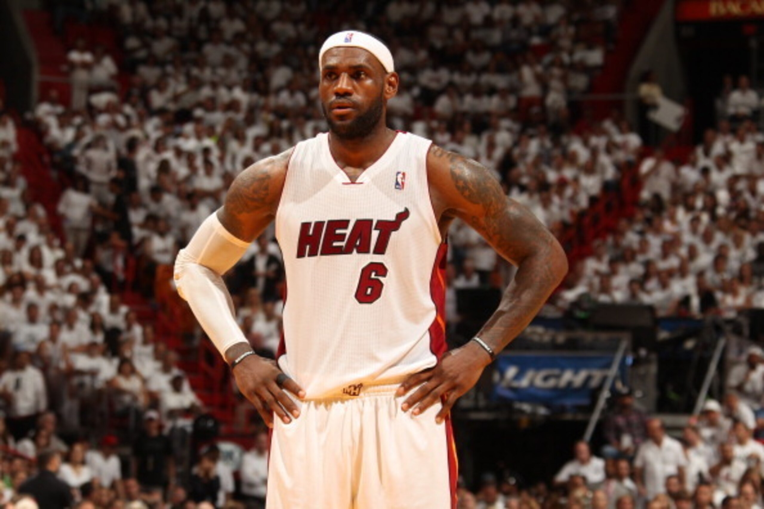 MIAMI, FL - MAY 30: LeBron James #6 of the Miami Heat looks on against the Indiana Pacers in Game Six of the Eastern Conference Finals during the 2014 NBA Playoffs on May 30, 2014 in Miami, Fl. NOTE TO USER: User expressly acknowledges and agrees that, by