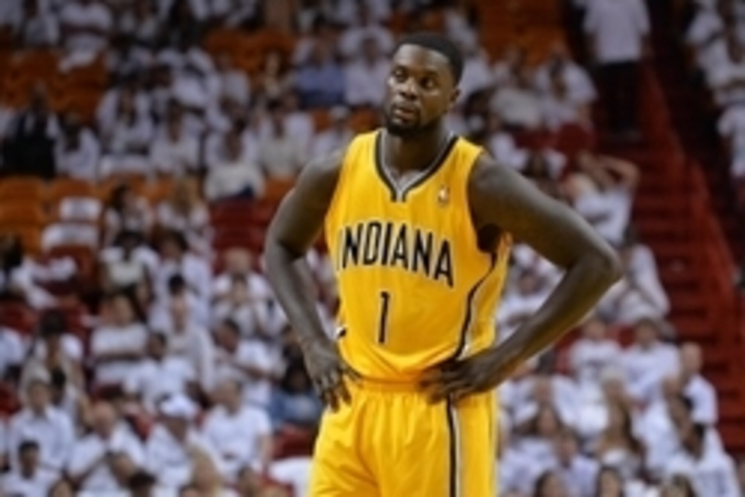 May 30, 2014; Miami, FL, USA; Indiana Pacers guard Lance Stephenson (1) reacts during the second half in game six of the Eastern Conference Finals of the 2014 NBA Playoffs against the Miami Heat at American Airlines Arena. Mandatory Credit: Steve Mitchell