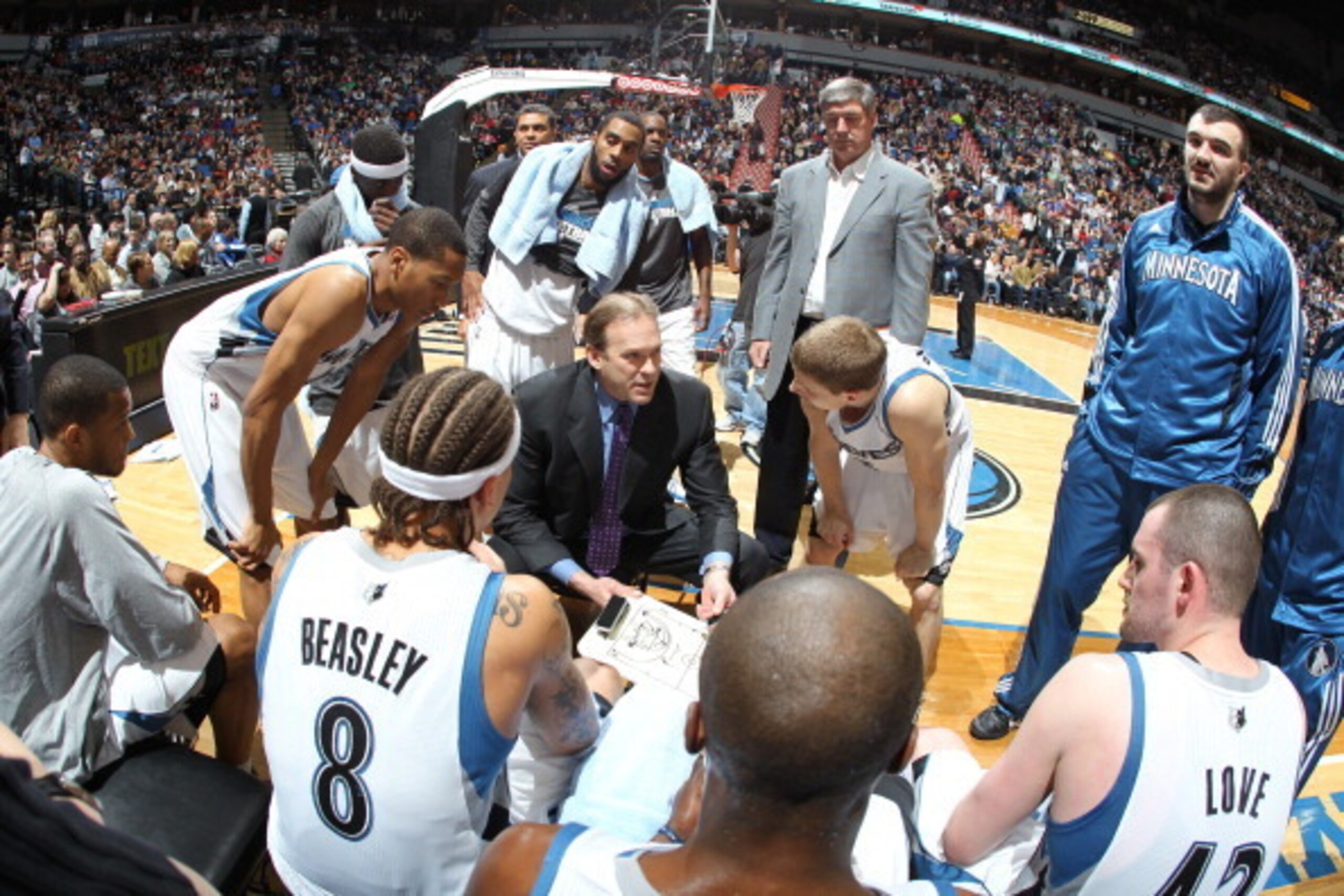 MINNEAPOLIS, MN - APRIL 1:  Head coach Kurt Rambis of the Minnesota Timberwolves talks to the team during the game against the Miami Heat on April 1, 2011 at Target Center in Minneapolis, Minnesota.  NOTE TO USER: User expressly acknowledges and agrees th