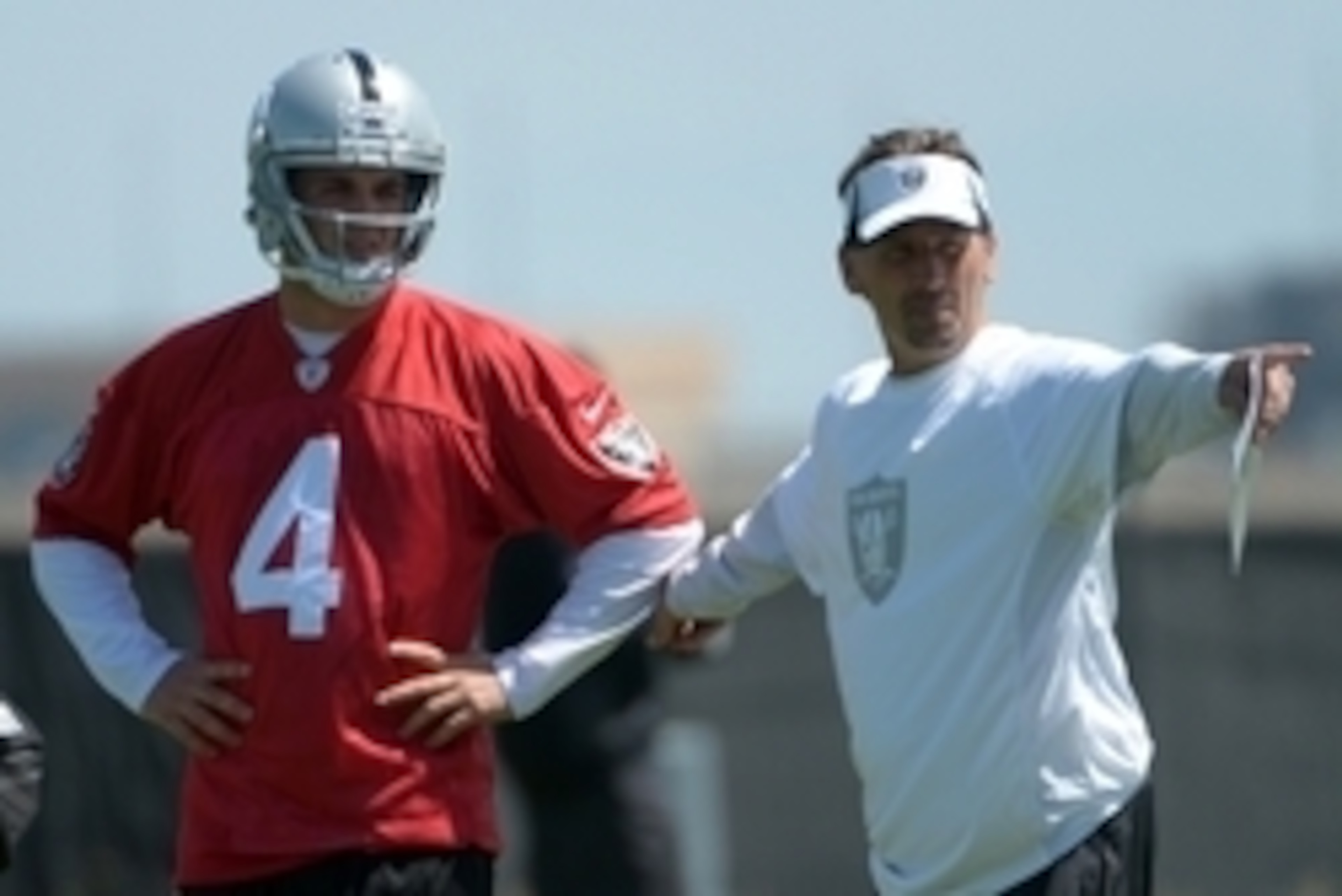 May 16, Alameda, CA, USA; Oakland Raiders quarterback Derek Carr (4) and offensive coordinator Greg Olson at rookie minicamp at the Raiders practice facility. Mandatory Credit: Kirby Lee-USA TODAY Sports