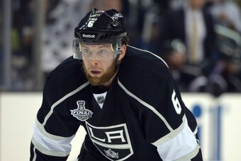 Jun 4, 2014; Los Angeles, CA, USA; Los Angeles Kings defenseman Jake Muzzin (6) in the first period during game one of the 2014 Stanley Cup Final against the New York Rangers at Staples Center. Mandatory Credit: Kirby Lee-USA TODAY Sports
