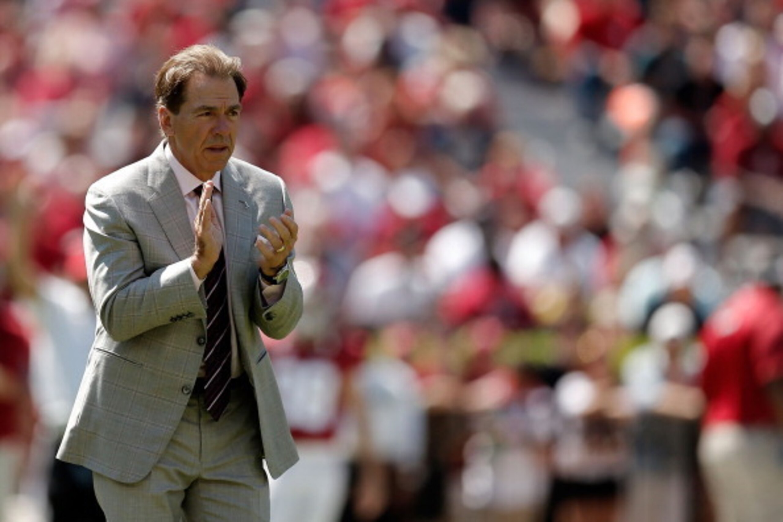 TUSCALOOSA, AL - APRIL 19: Head coach Nick Saban of the Alabama Crimson Tide watches action during the Alabama A-Day spring game at Bryant-Denny Stadium on April 19, 2014 in Tuscaloosa, Alabama. (Photo by Stacy Revere/Getty Images) TUSCALOOSA, AL - APRIL 19: Head coach Nick Saban of the Alabama Crimson Tide watches action during the Alabama A-Day spring game at Bryant-Denny Stadium on April 19, 2014 in Tuscaloosa, Alabama. (Photo by Stacy Revere/Getty Images)