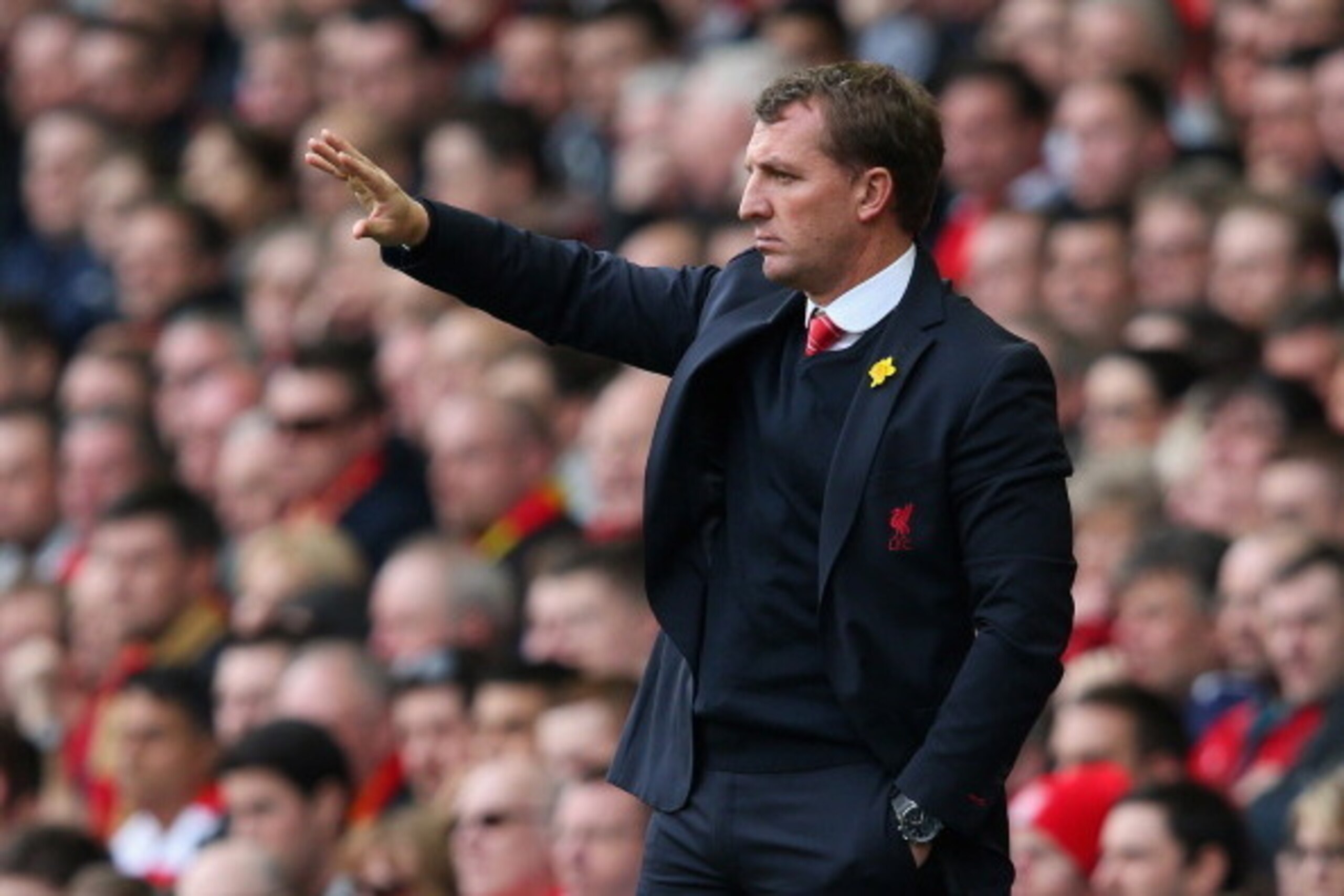 LIVERPOOL, ENGLAND - MARCH 30:  Liverpool Manager Brendan Rodgers gestures during the Barclays Premier League match between Liverpool and Tottenham Hotspur at Anfield on March 30, 2014 in Liverpool, England.  (Photo by Alex Livesey/Getty Images)