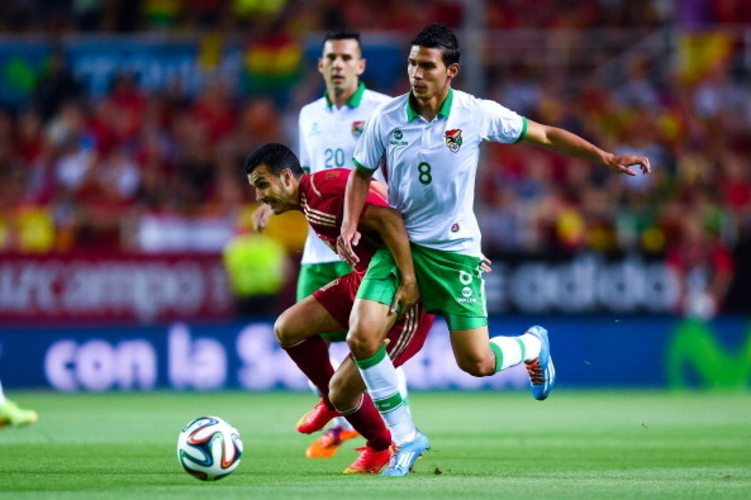 SEVILLE, SPAIN - MAY 30:  Pedro Rodriguez of Spain competes for the ball with Diego Bejarano of Bolivia an international friendly match between Spain and Bolivia at Estadio Ramon Sanchez Pizjuan on May 30, 2014 in Seville, Spain.  (Photo by David Ramos/Ge