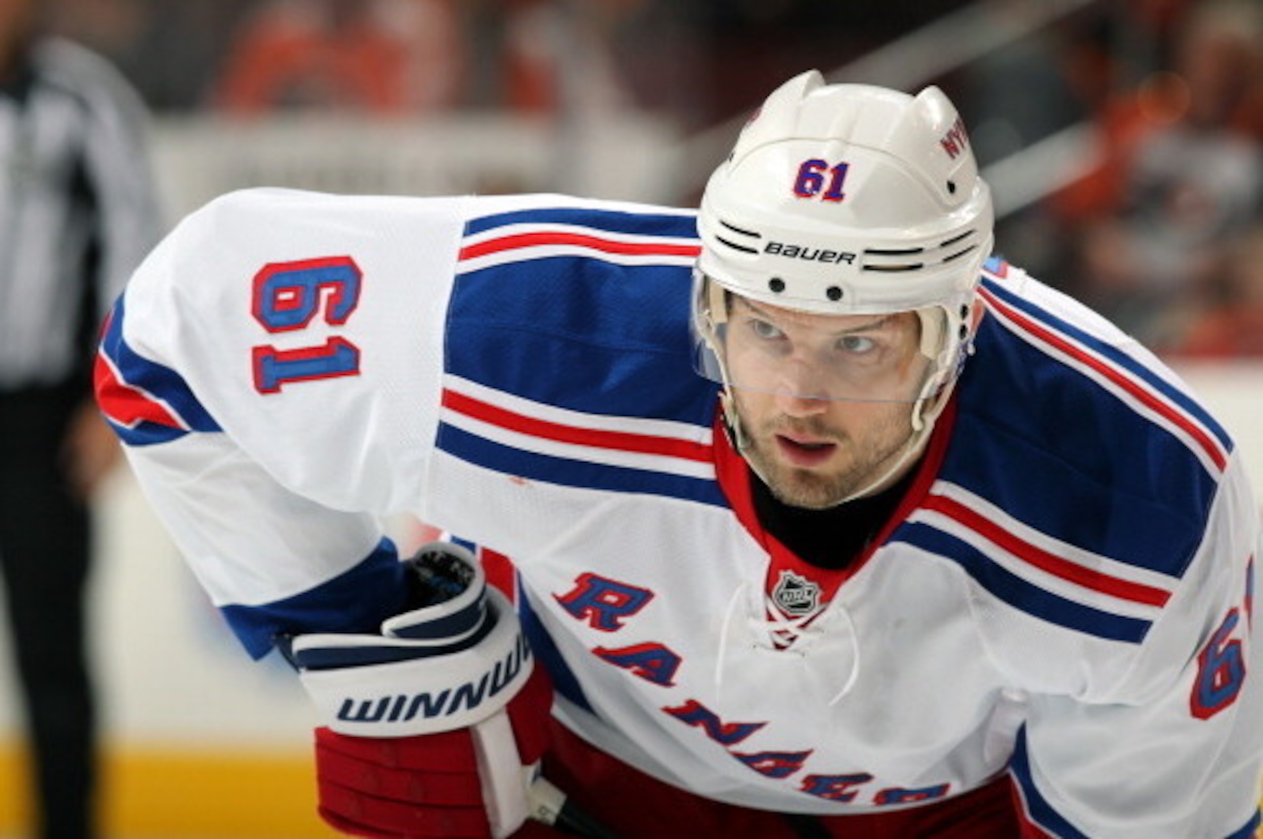 PHILADELPHIA, PA - APRIL 25:  Rick Nash #61 of the New York Rangers looks on against the Philadelphia Flyers in Game Four of the First Round of the 2014 Stanley Cup Playoffs at the Wells Fargo Center on April 25, 2014 in Philadelphia, Pennsylvania.  (Phot