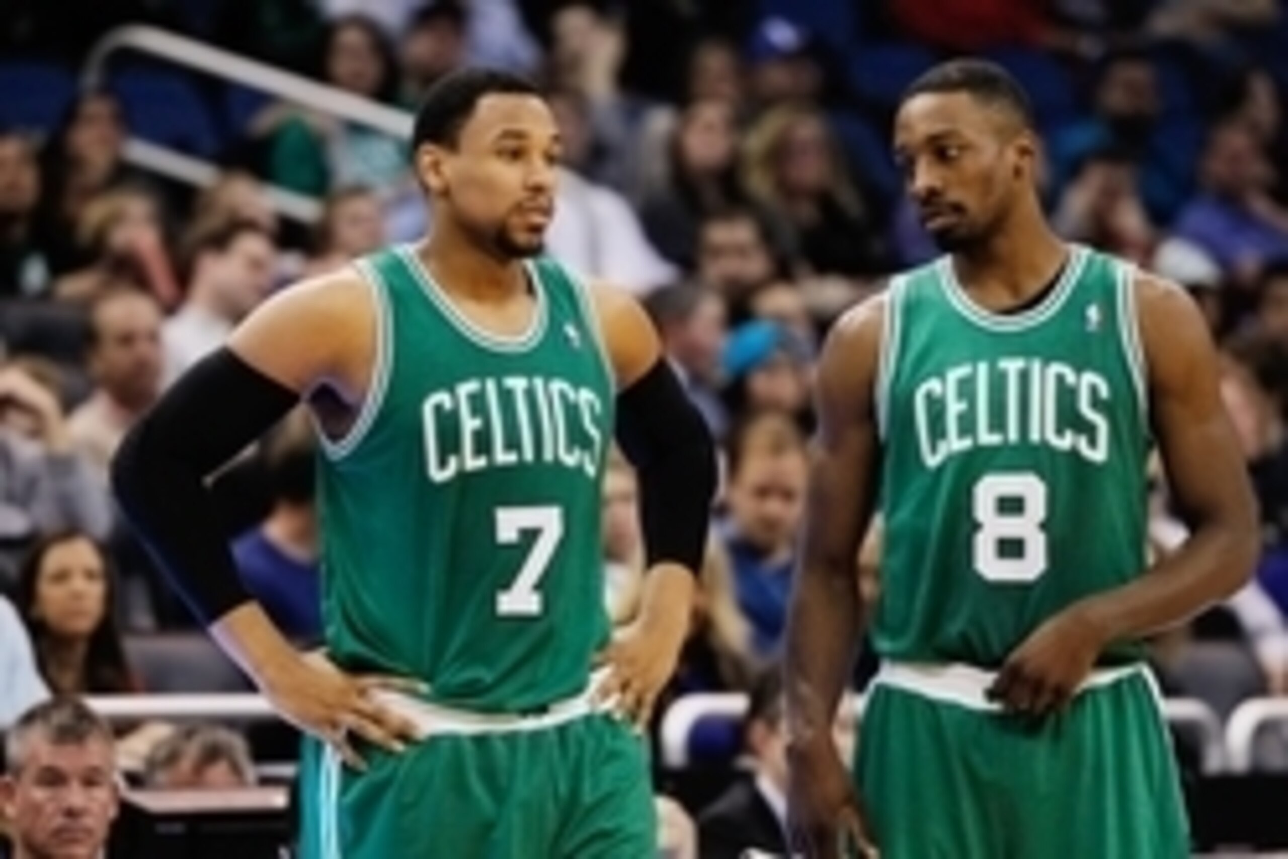 Jan 19, 2014; Orlando, FL, USA; Boston Celtics center Jared Sullinger (7) and small forward Jeff Green (8) talk against the Orlando Magic during the second half at Amway Center. Mandatory Credit: Kim Klement-USA TODAY Sports