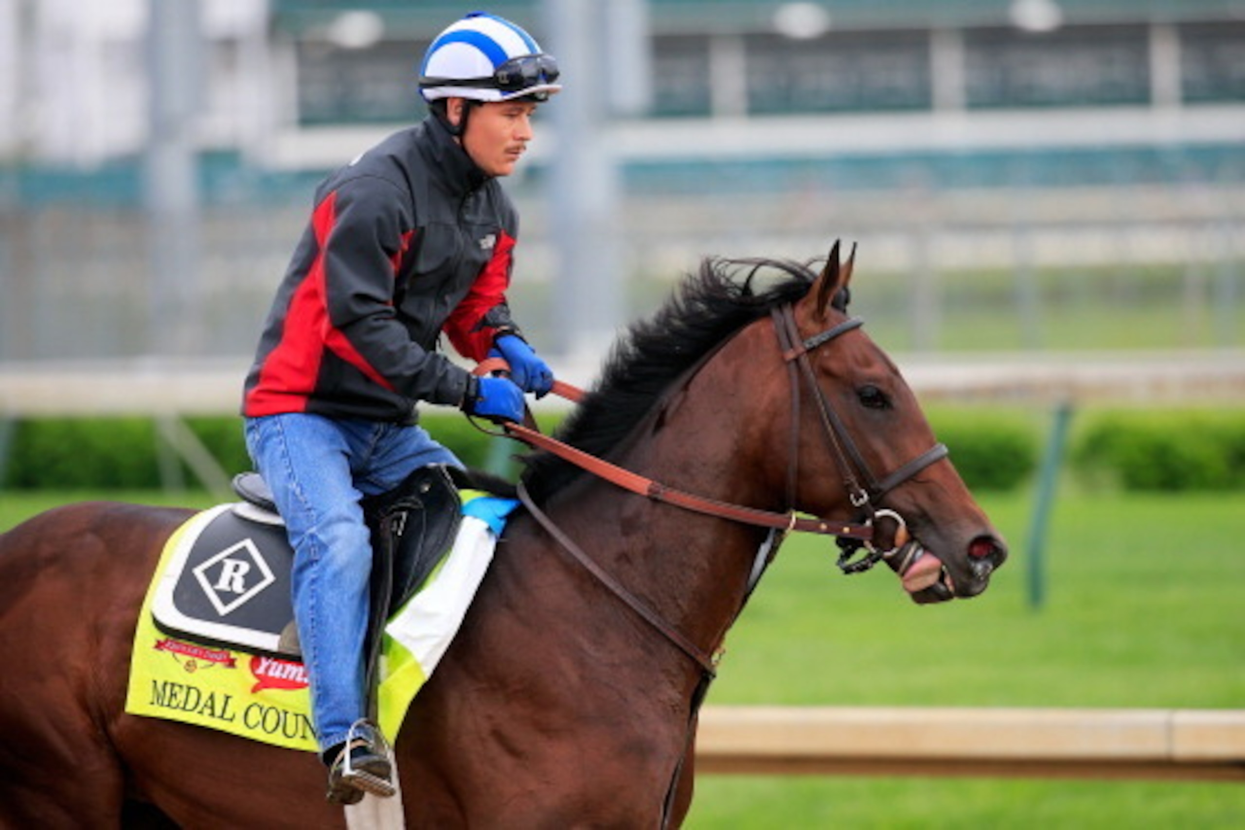 LOUISVILLE, KY - APRIL 29: Medal Count is ridden by Faustino Aguilar during the morning exercise session in preparation for the140th Kentucky Derby at Churchill Downs on April 29, 2014 in Louisville, Kentucky.  (Photo by Rob Carr/Getty Images)
