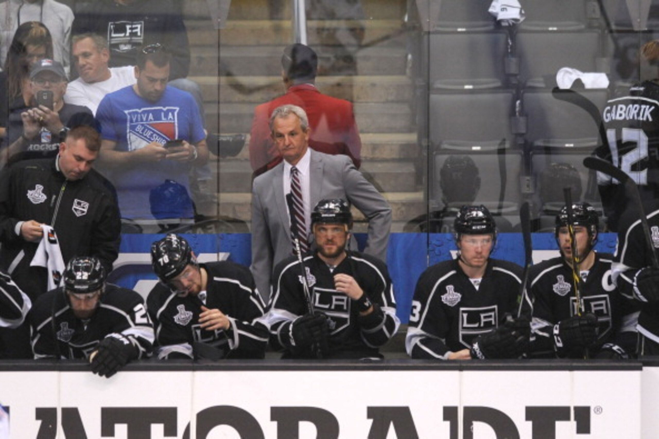 LOS ANGELES, CA - JUNE 4:  Darryl Sutter of the Los Angeles Kings looks on from the bench against the New York Rangers in Game One of the 2014 NHL Stanley Cup Final at Staples Center on June 4, 2014 in Los Angeles, California. (Photo by Juan Ocampo/NHLI v