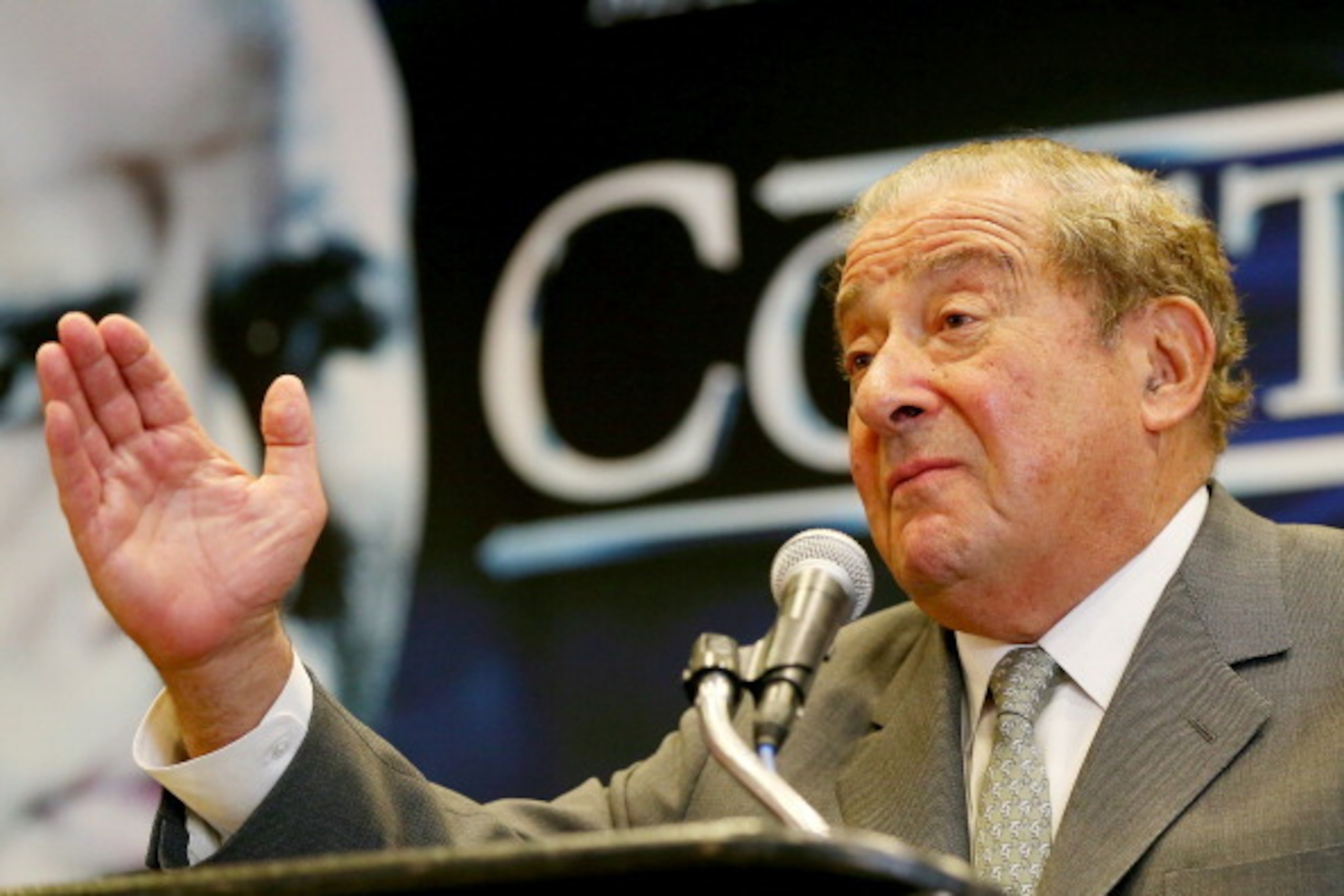 NEW YORK, NY - MARCH 11: Bob Arum speaks during the Miguel Cotto and Sergio Martinez Press Conference in Chase Square at Madison Square Garden on March 11, 2014 in New York City. Cotto and Martinez will square off at Madison Square Garden on June 7, 2014 NEW YORK, NY - MARCH 11: Bob Arum speaks during the Miguel Cotto and Sergio Martinez Press Conference in Chase Square at Madison Square Garden on March 11, 2014 in New York City. Cotto and Martinez will square off at Madison Square Garden on June 7, 2014