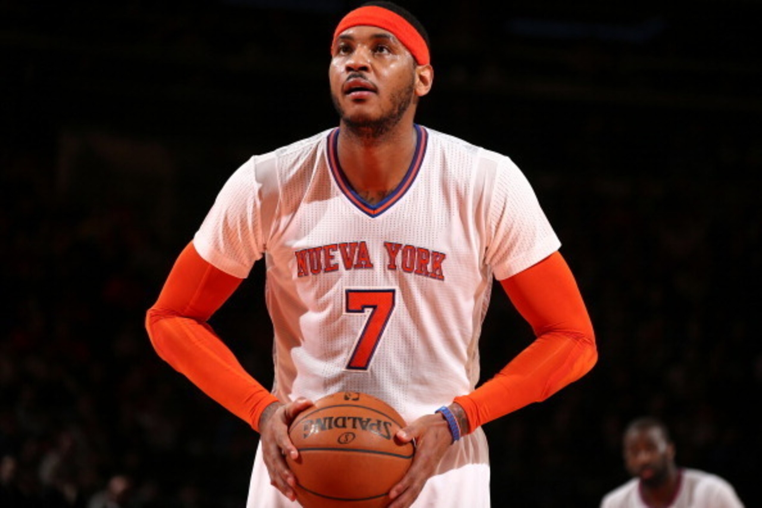 NEW YORK, NY - MARCH 23: Carmelo Anthony #7 of the New York Knicks shoots a free throw during the game against the Cleveland Cavaliers at Madison Square Garden in New York City. NOTE TO USER: User expressly acknowledges and agrees that, by downloading and