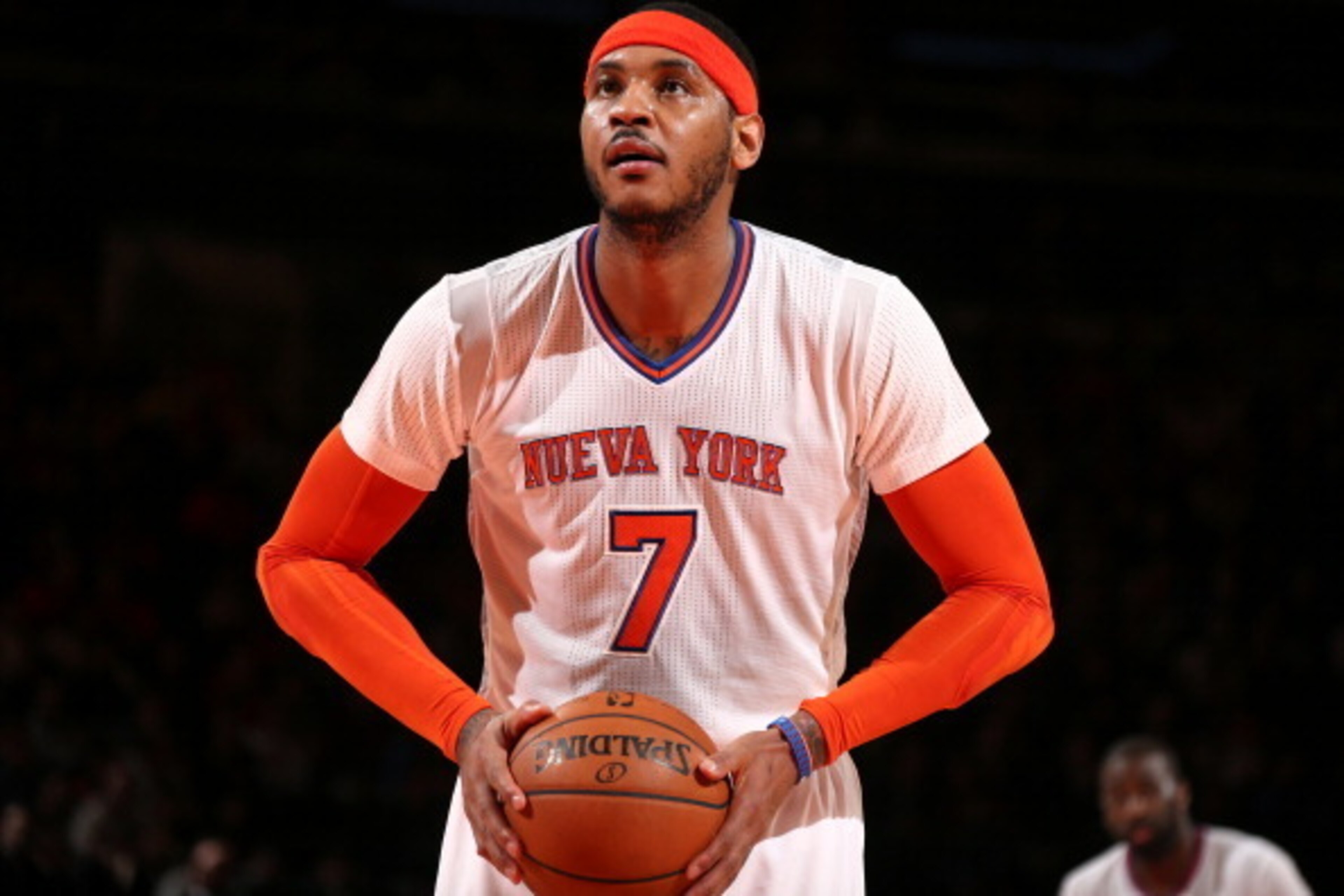 NEW YORK, NY - MARCH 23: Carmelo Anthony #7 of the New York Knicks shoots a free throw during the game against the Cleveland Cavaliers at Madison Square Garden in New York City. NOTE TO USER: User expressly acknowledges and agrees that, by downloading and NEW YORK, NY - MARCH 23: Carmelo Anthony #7 of the New York Knicks shoots a free throw during the game against the Cleveland Cavaliers at Madison Square Garden in New York City. NOTE TO USER: User expressly acknowledges and agrees that, by downloading and