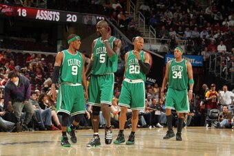 CLEVELAND, OH - MAY 11: Rajon Rondo #9, Kevin Garnett #5, Ray Allen #20 and Paul Pierce #30 of the Boston Celtics walk down court during a victory over the Cleveland Cavaliers in Game Five of the Eastern Conference Semifinals during the 2010 NBA Playoffs 