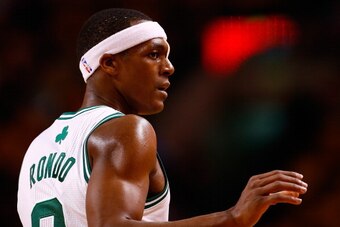 BOSTON, MA - MARCH 26:  Rajon Rondo #9 of the Boston Celtics is seen playing against the Toronto Raptors in the second half after receiving 9 stitches from a cut on his face in the second half during the game at TD Garden on March 26, 2014 in Boston, Mass