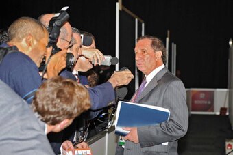 CAPE TOWN, SOUTH AFRICA - DECEMBER 4:  In this handout photo provided by the 2010 FIFA World Cup Organising Committee, Carlos Bilardo at the Mixzone after the 2010 Soccer World Cup Final Draw at the CTICC on December 4, 2009 in Cape Town, South Africa. (P