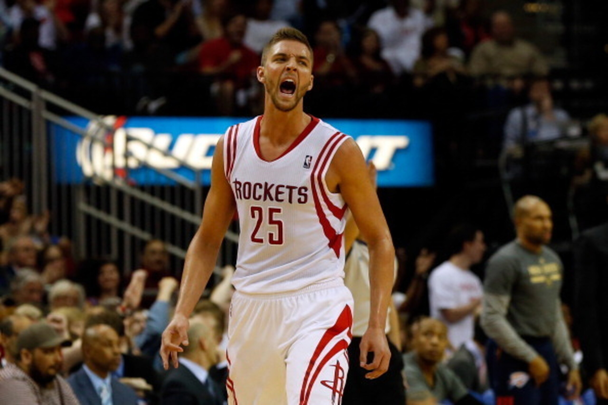 HOUSTON, TX - APRIL 04:  Chandler Parsons #25 of the Houston Rockets reacts after hitting a three pointer in the third period against the Oklahoma City Thunder during a game at the Toyota Center on April 4, 2014 in Houston, Texas. NOTE TO USER: User expre