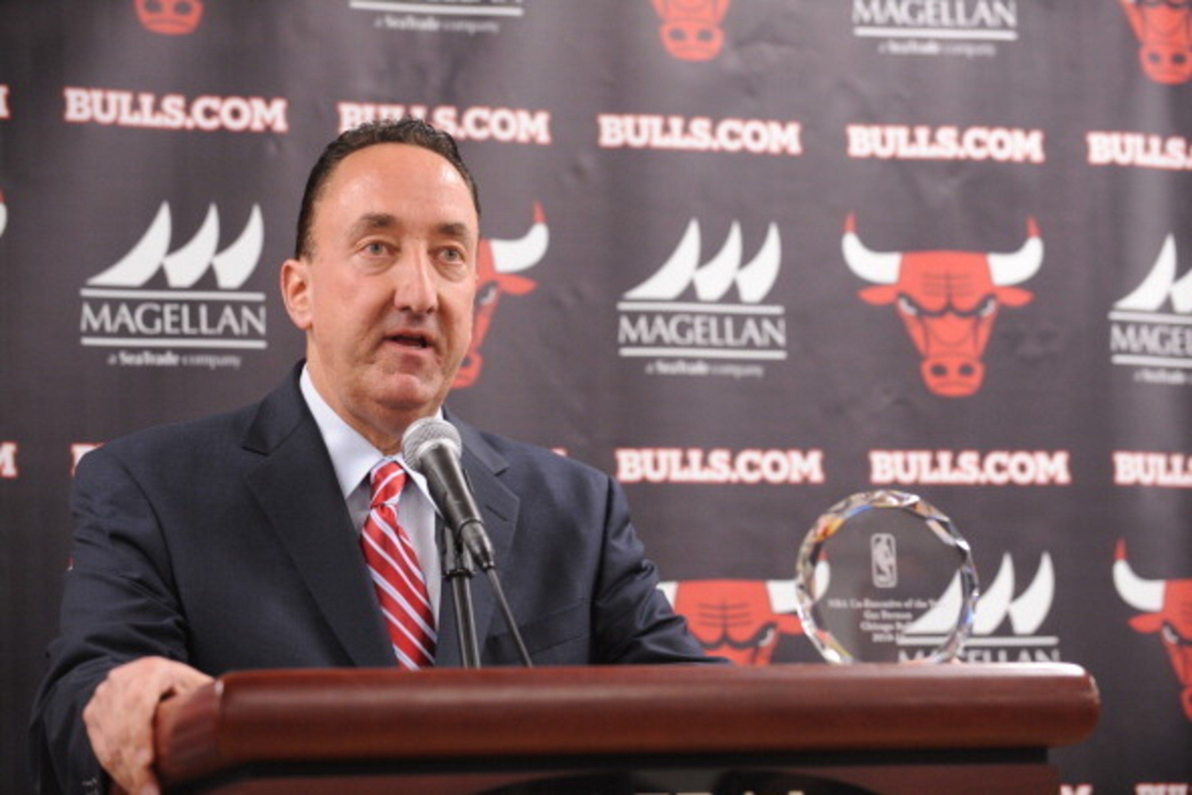 CHICAGO, IL - MAY 10: Chicago Bulls General Manager Gar Forman addresses the media during a press conference to announce his naming as the co-recipient of the 2010-11 NBA Executive of the Year award prior to the start of Game Five of the Eastern Conferenc