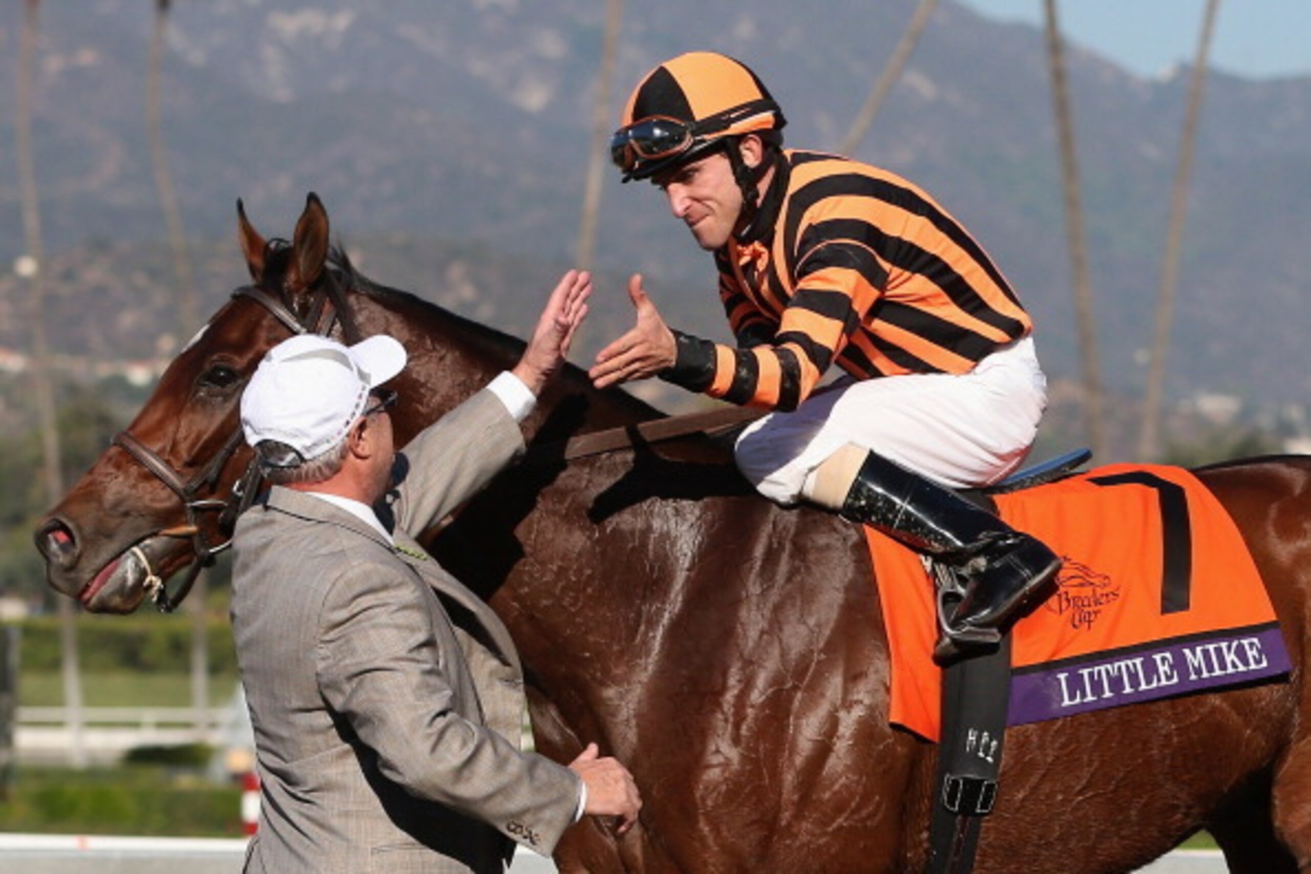 ARCADIA, CA - NOVEMBER 03:  Jockey Ramon Dominguez atop Little Mike is congratulated by owner Priscilla Vaccarezza after winning the Breeders' Cup Turf Race during the 2012 Breeders' Cup at Santa Anita Park on November 3, 2012 in Arcadia, California.  (Ph