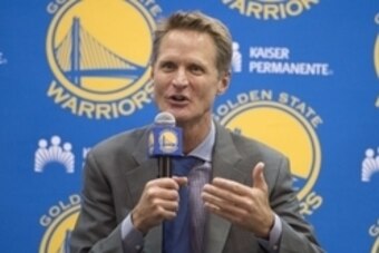 May 20, 2014; Oakland, CA, USA; Steve Kerr addresses the media in a press conference after being introduced as the new head coach for the Golden State Warriors at the Warriors Practice Facility. Mandatory Credit: Kyle Terada-USA TODAY Sports